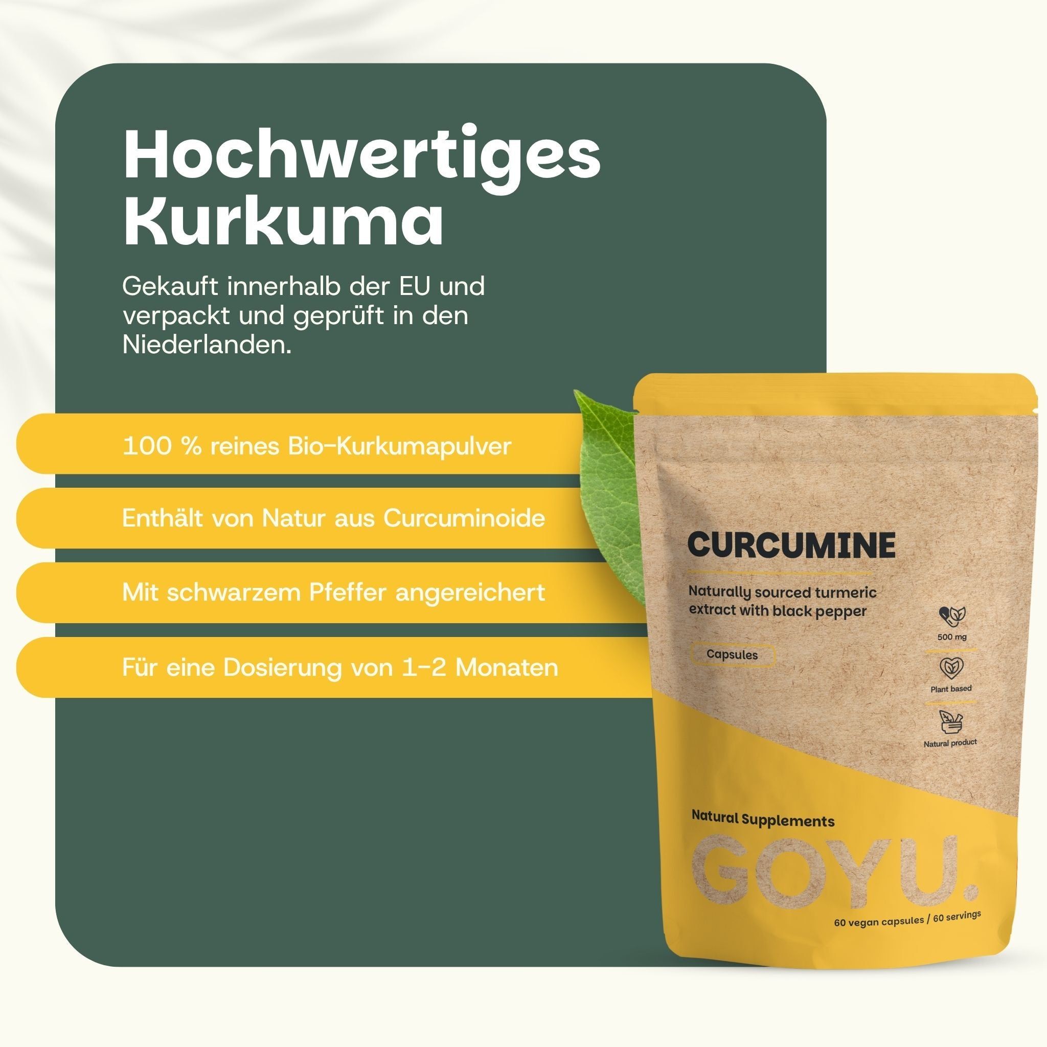 Brauner Beutel mit Kurkuma-Extrakt-Kapseln. 95% Curcumin. 60 Kapseln.