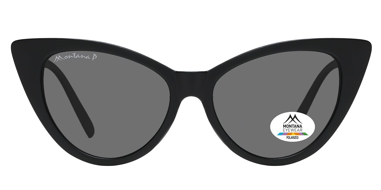 Schwarze Sonnenbrille mit grauen Gläsern. Katzenaugenform. Montana Eyewear Logo auf dem Glas und Bügel. Polarisierte Gläser.