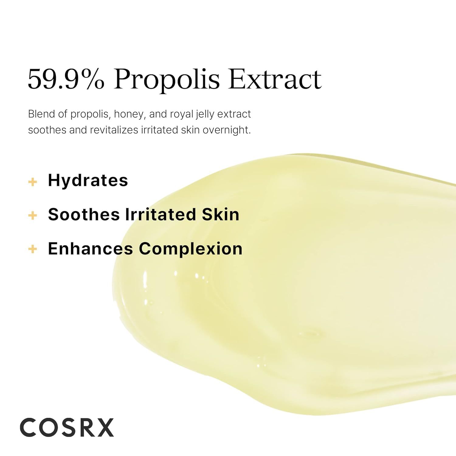 Nahaufnahme von gelbem Gel. Text: 59,9% Propolis-Extrakt. Hydratisiert, beruhigt gereizte Haut, verbessert den Teint. Marke: Cosrx.