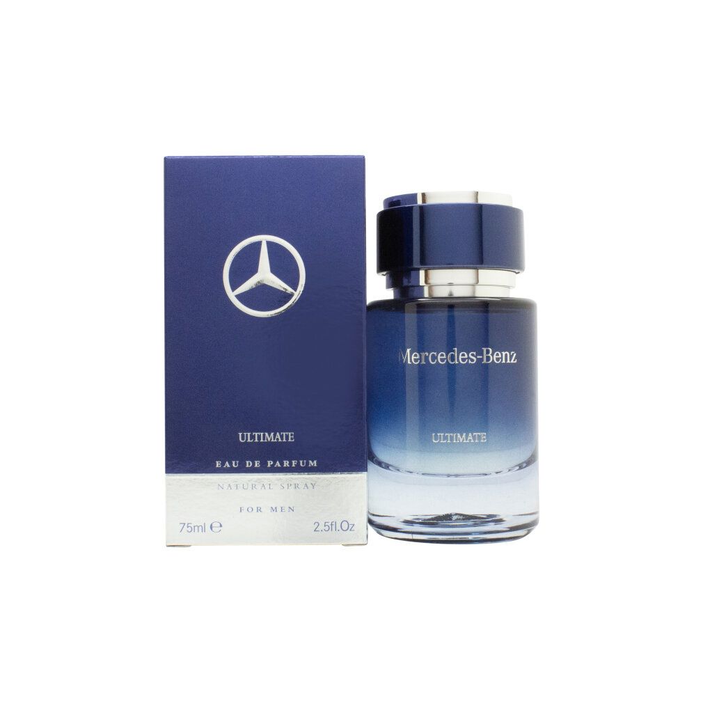 Blau-transparente Flasche und Schachtel. Aufschrift: Mercedes-Benz Ultimate. Eau de Parfum. Für Männer.