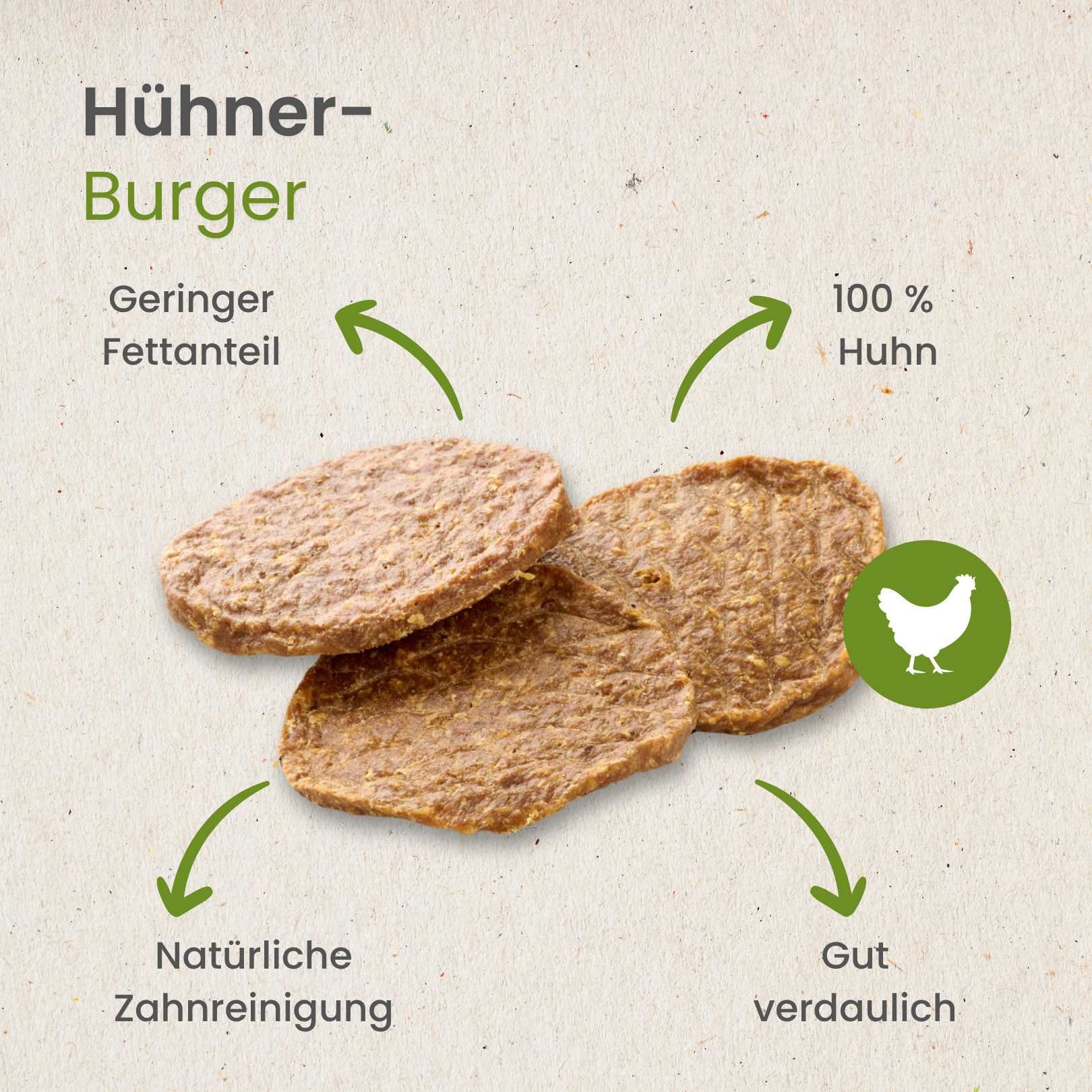 Ein Hund kaut auf einem Hühner-Burger.