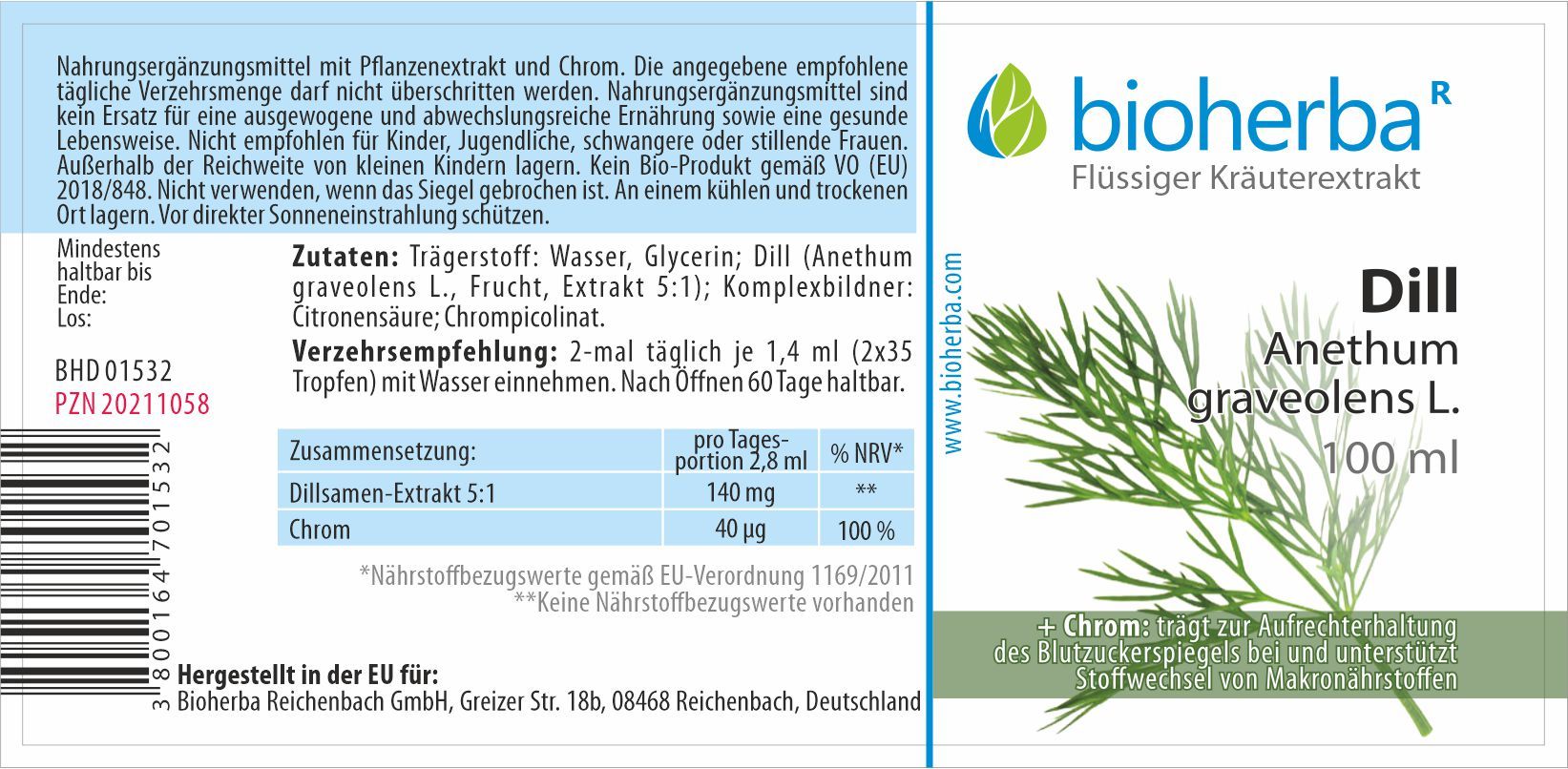 Etikett mit Produktinformationen und Markenlogo. Enthält Text über Inhaltsstoffe, Dosierung und Hersteller. Dill-Extrakt.
