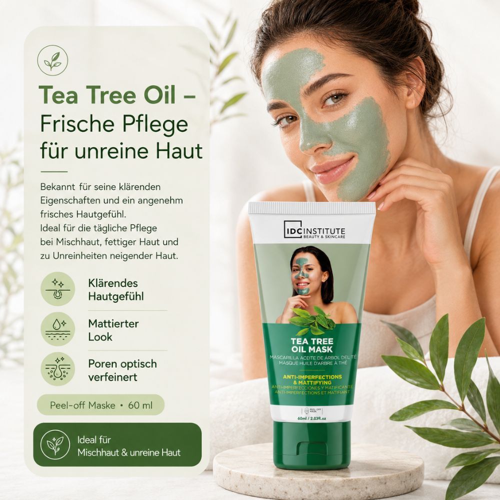 Grüne Tube mit Teebaumöl-Gesichtsmaske, 60 ml. Frau mit Maske im Gesicht.