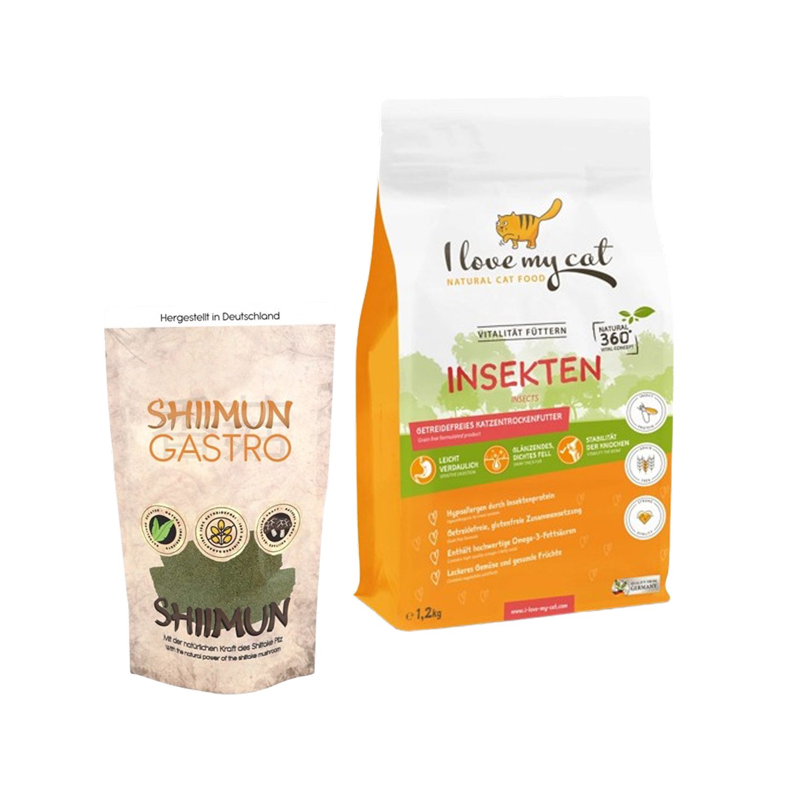 Zwei Beutel Trockenfutter. Links: Shiimun Gastro. Rechts: I love my cat, Insekten, 1.2kg. Aufdrucke: Vitales Füttern, Insekten, 360.
