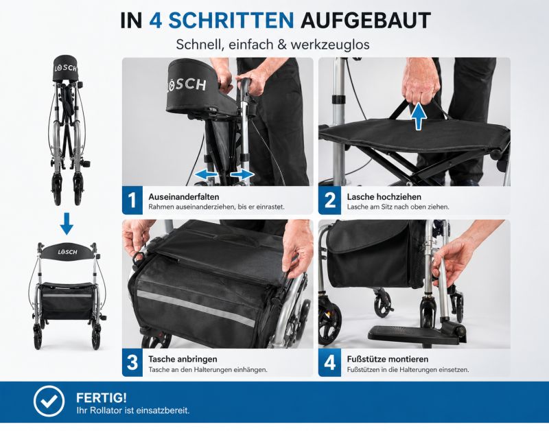Rollator & Rollstuhl Twin. Vier Schritte zum Aufbau. Rahmen auseinanderfalten, Sitz hochziehen, Tasche anbringen, Fußstützen montieren.