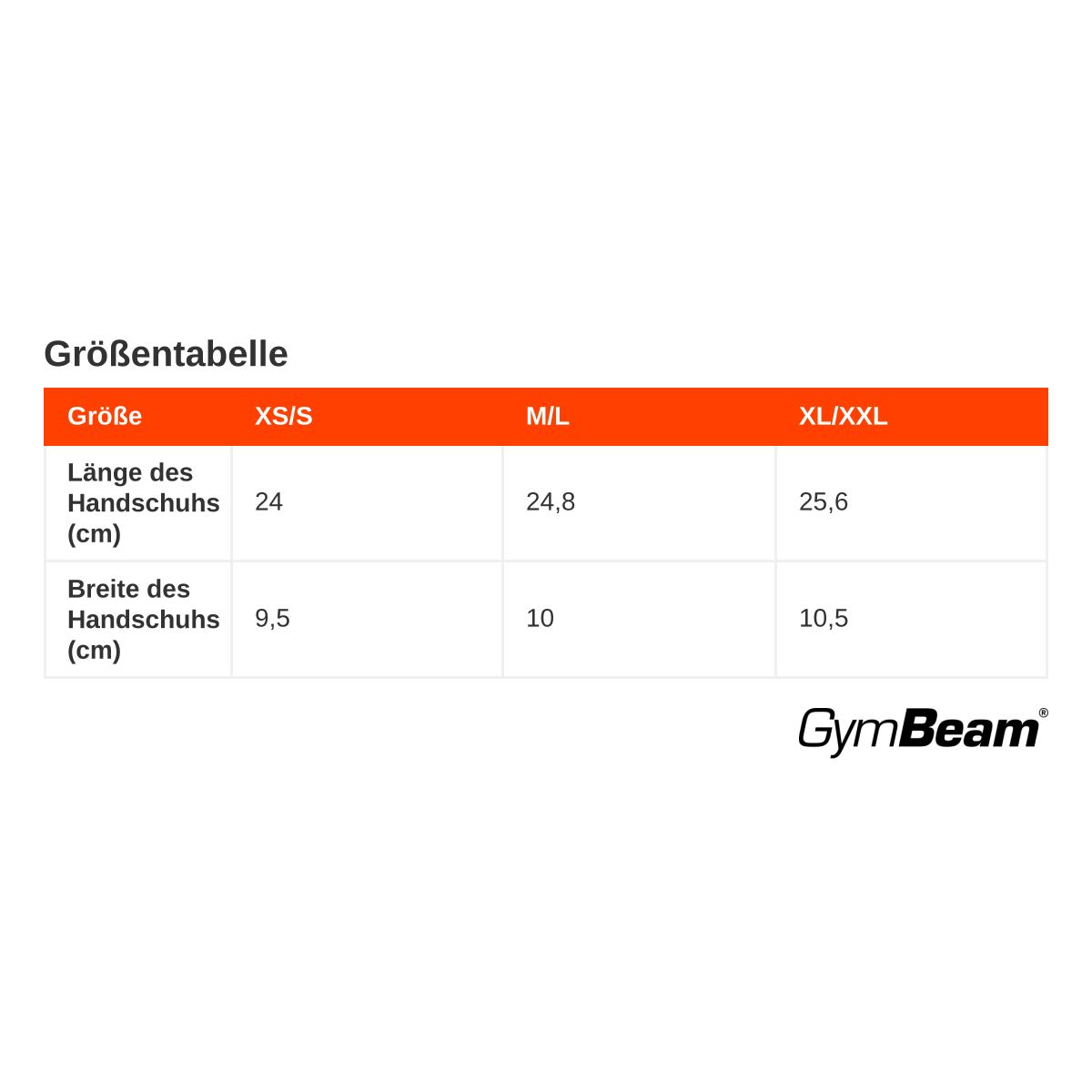 Größentabelle für GymBeam Laufhandschuhe: Länge und Breite in cm für verschiedene Größen.
