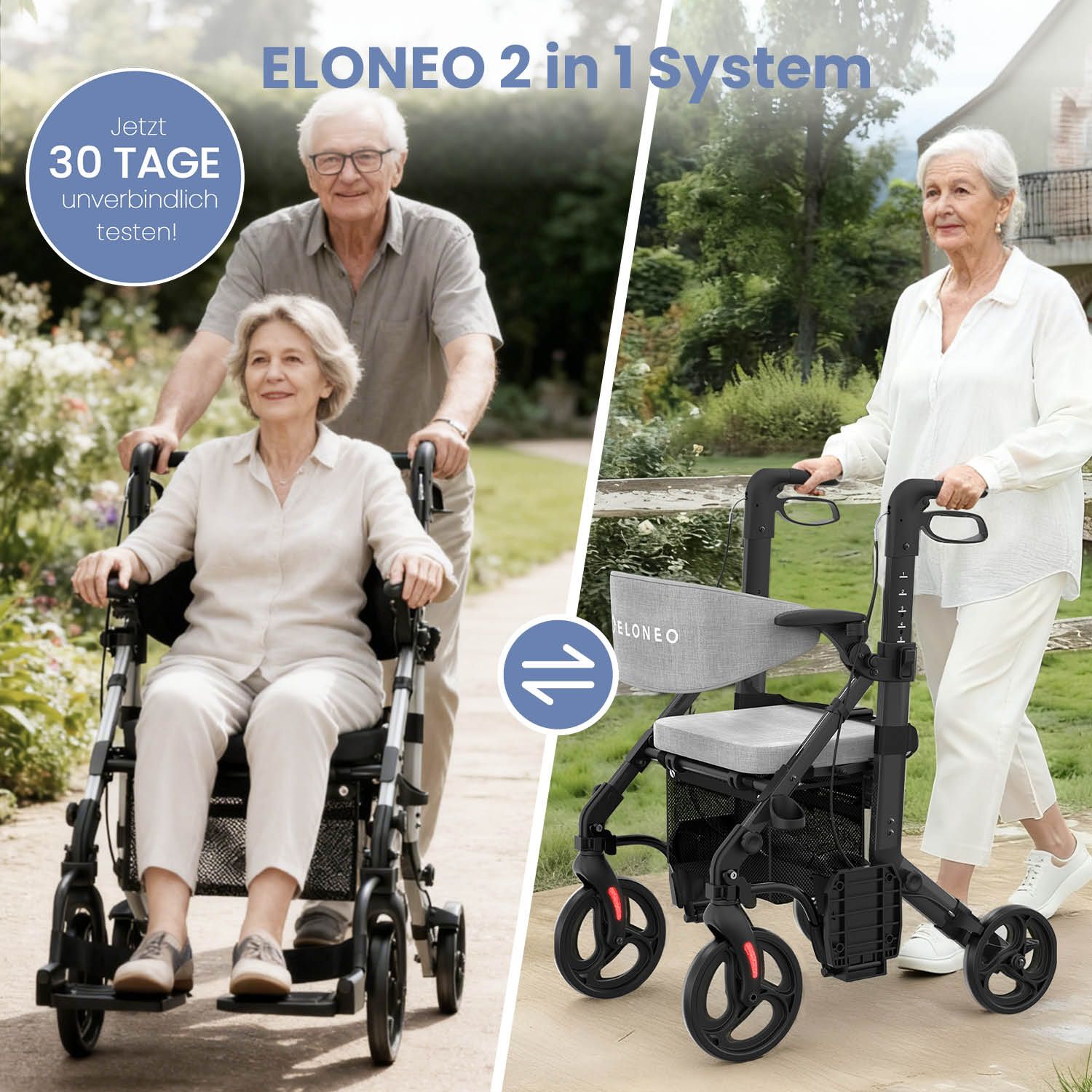 ELONEO 2in1 Rollstuhl Rollator Schwarz