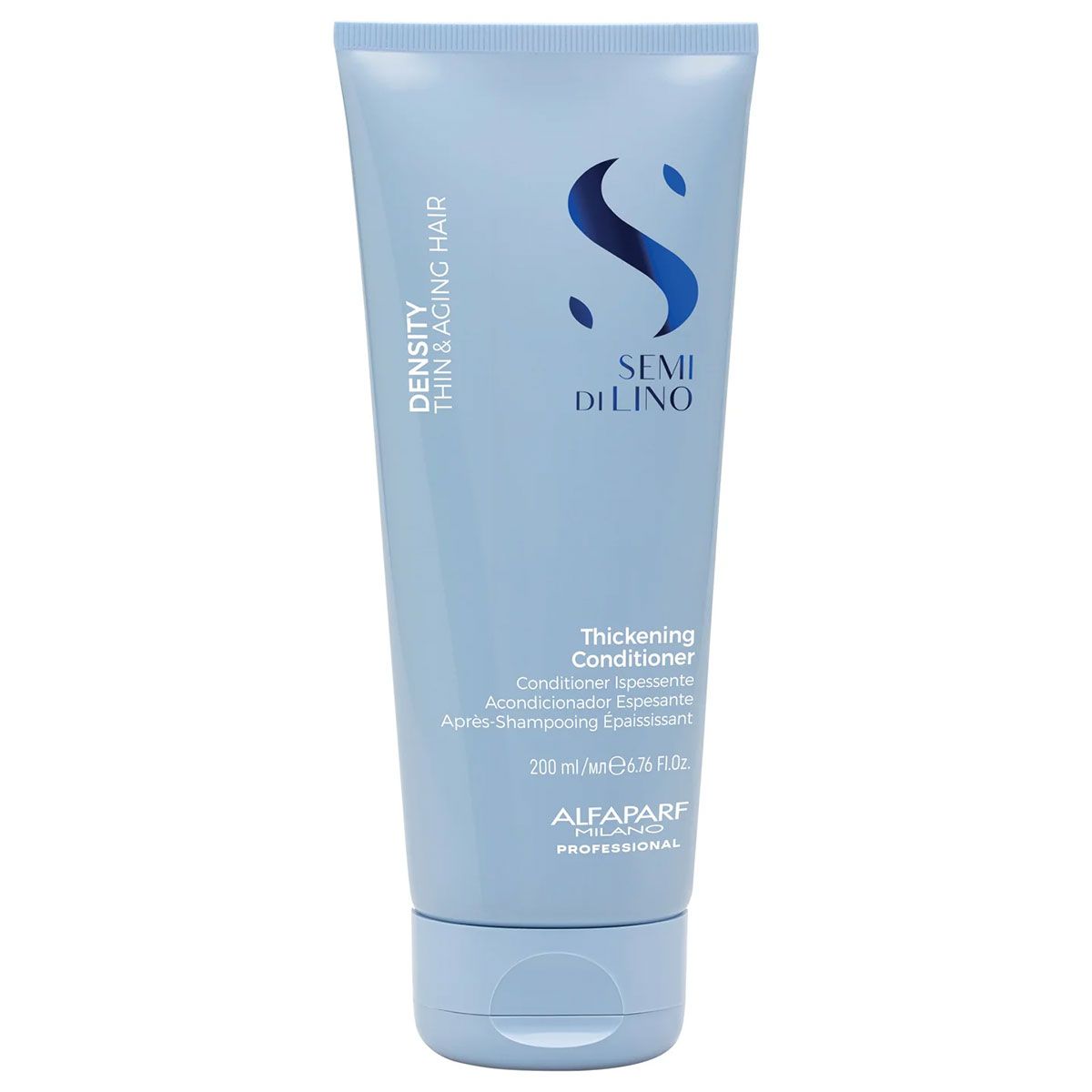 Alfaparf Milano Semi di Lino Density Thickening Conditioner in einer hellblauen Tube mit 200 ml.