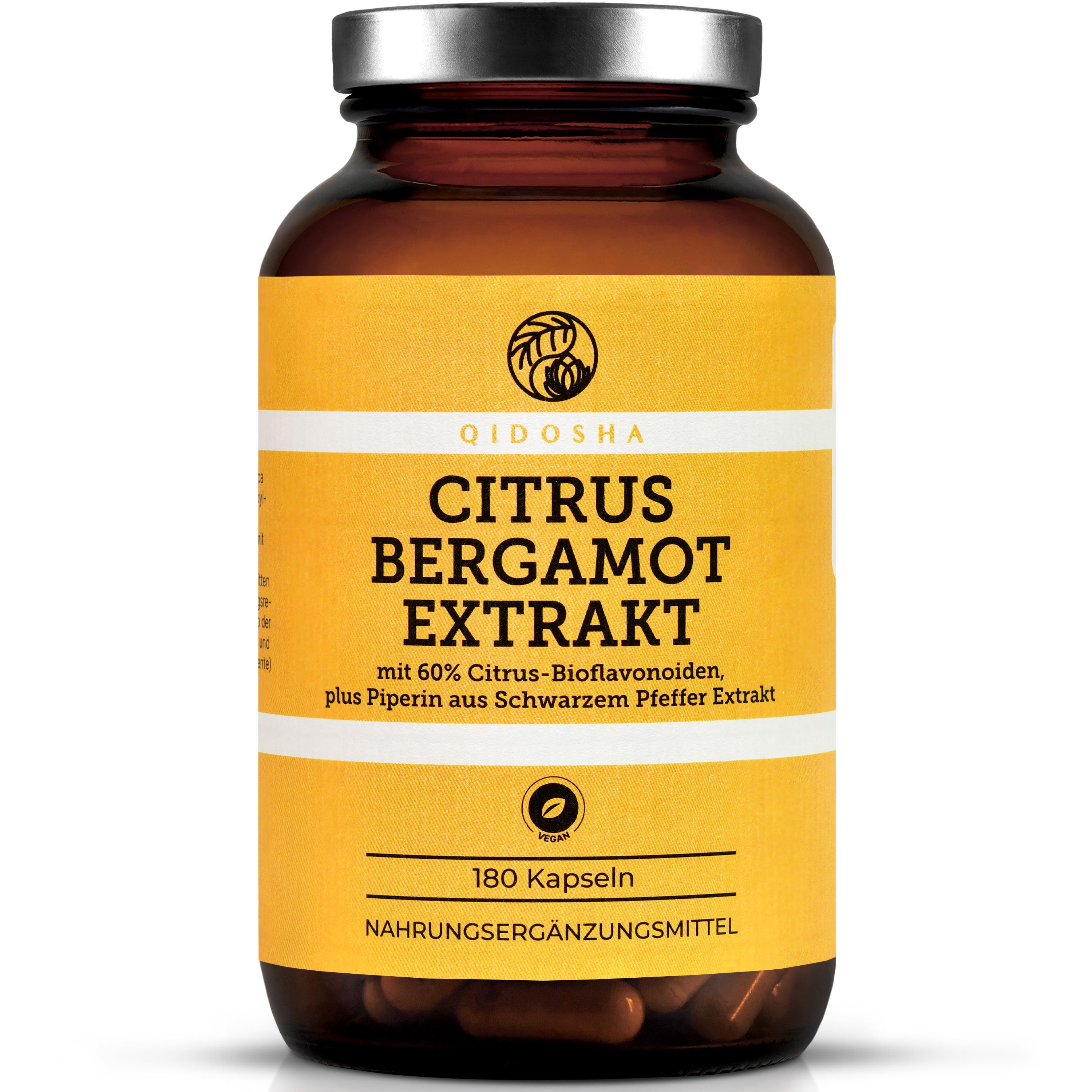 Braune Glasflasche mit gelbem Etikett. Aufschrift: QIDOSHA Citrus Bergamot Extrakt, 180 Kapseln. Nahrungsergänzungsmittel.