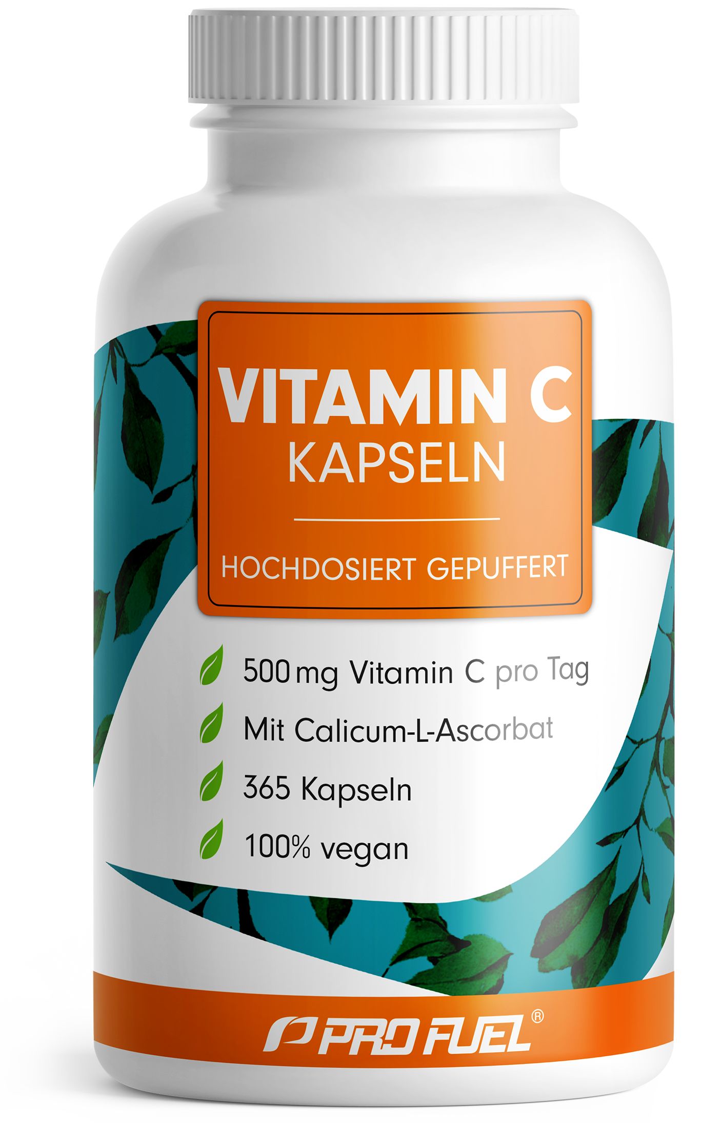 Weiße Flasche mit Vitamin C Kapseln. Orangefarbenes Etikett mit Text. Enthält 365 Kapseln. 100% vegan. Marke: ProFuel.