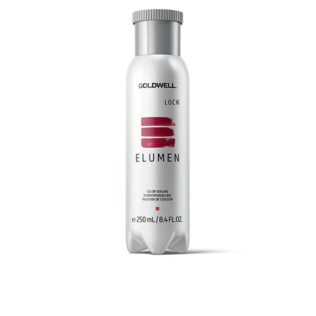 Goldwell Elumen Lock Flasche. Weiß, mit silbernem Deckel. Rote Streifen und Schriftzug Elumen. 250 ml.