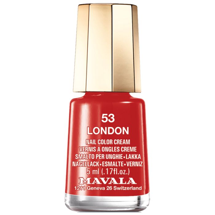 Rote Nagellackflasche mit goldenem Deckel. Text: 53, London, Nail Color Cream, 5 ml, Mavala.
