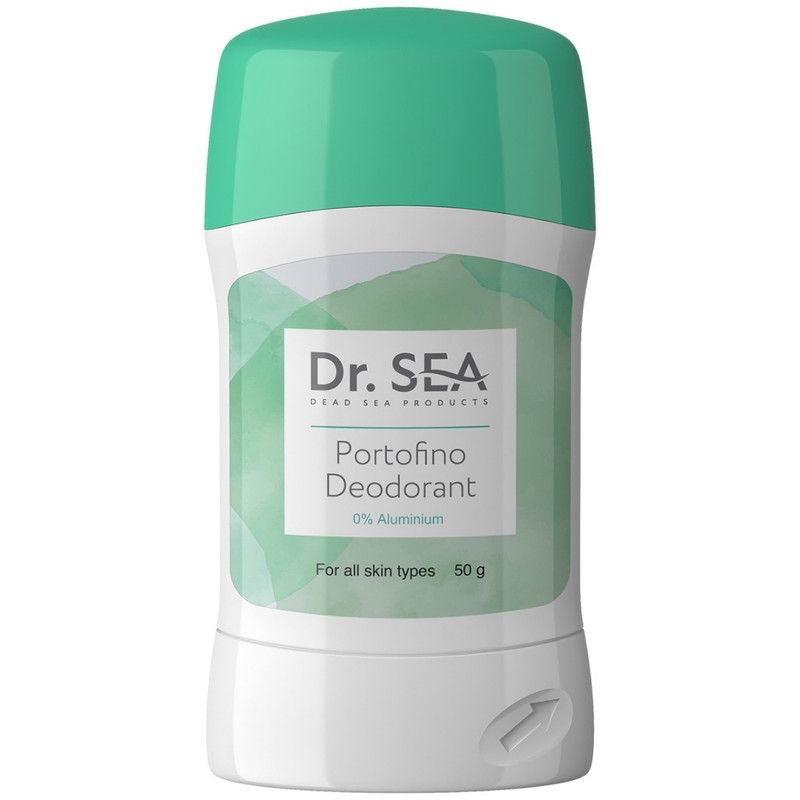 Deodorantstick met groene dop en witte body. Opschrift: Dr. SEA, Portofino Deodorant, 0% Aluminium, voor alle huidtypes.