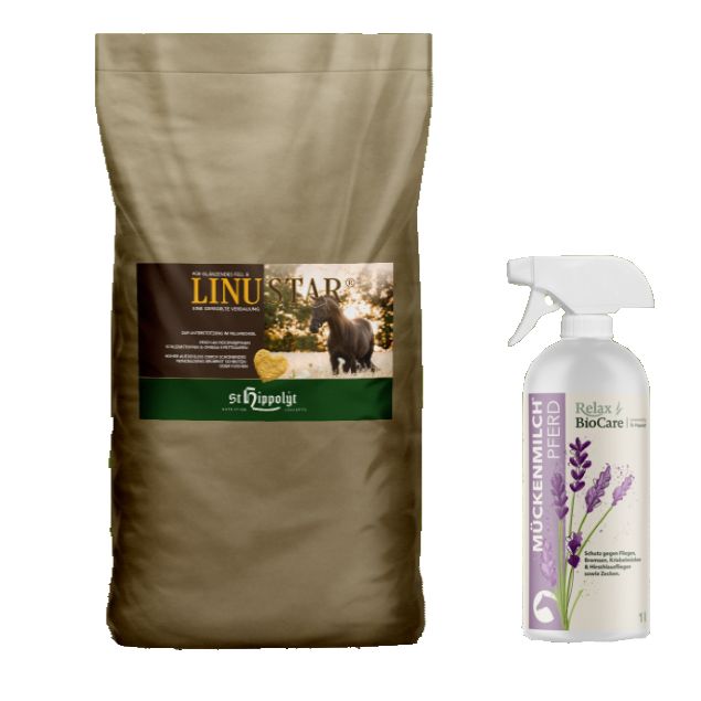 Beutel mit LinuStar-Pferdefutter und Sprühflasche Mückenmilch für Pferde. Beide Produkte sind nebeneinander abgebildet.