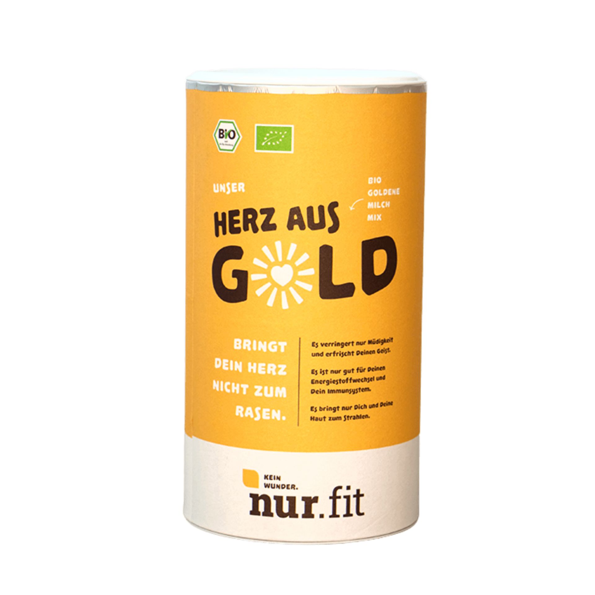 Zylindrische Dose mit "Herz aus Gold"-Aufdruck, BIO-Siegel, und "nur.fit"-Logo. Gelb-weißes Design.