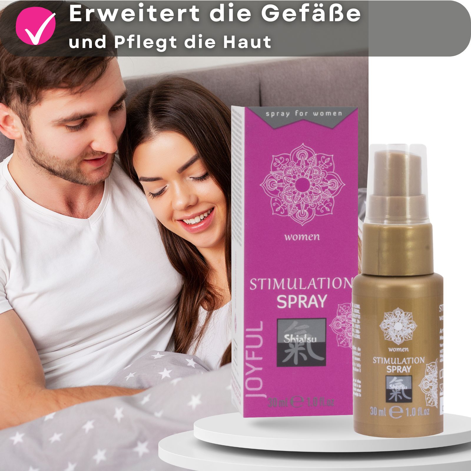 Goldfarbene Sprühflasche. Produktname und Shiatsu-Logo. 30 ml.