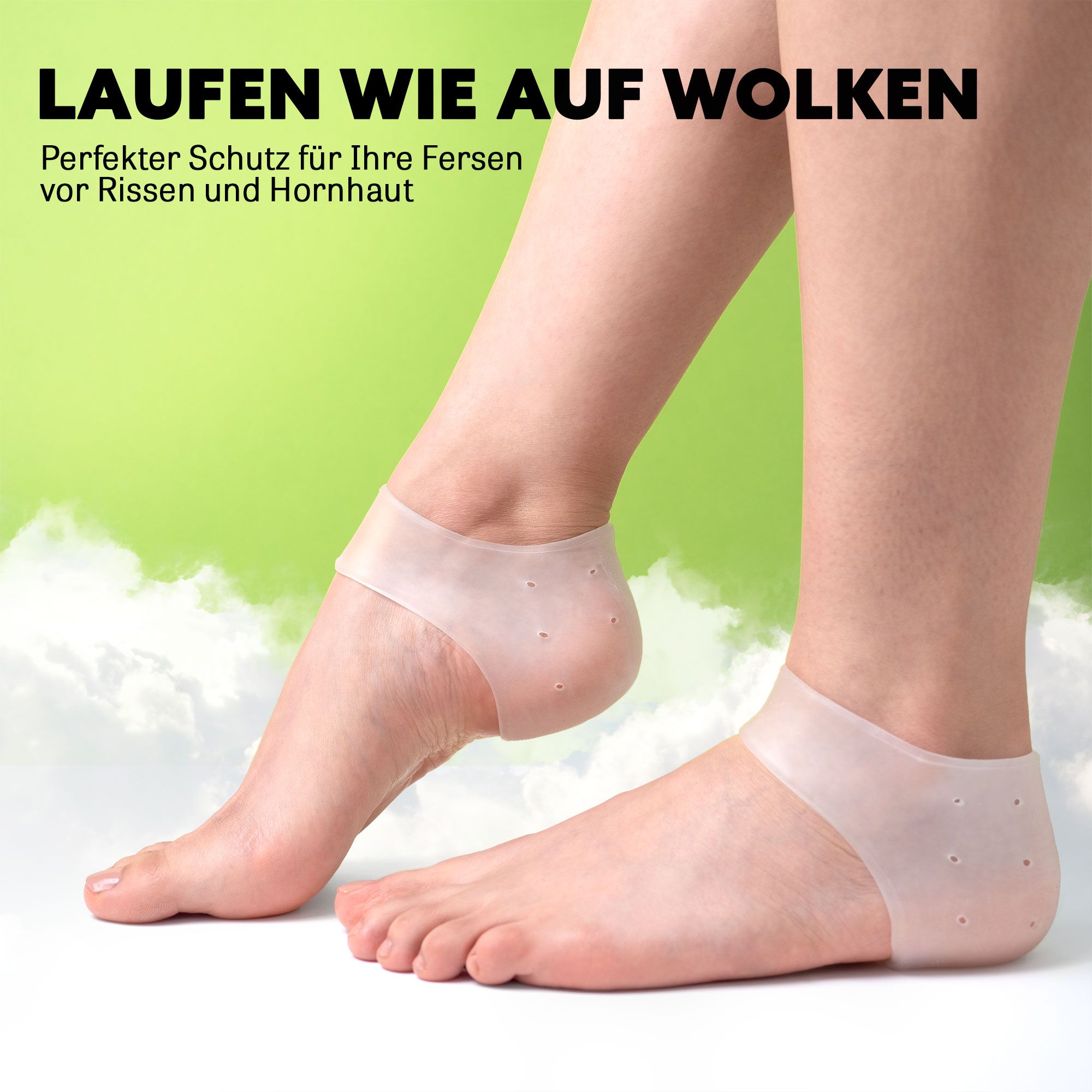 Fersenpolster an Füßen. Text: Laufen wie auf Wolken. Perfekter Schutz für Ihre Fersen vor Rissen und Hornhaut.
