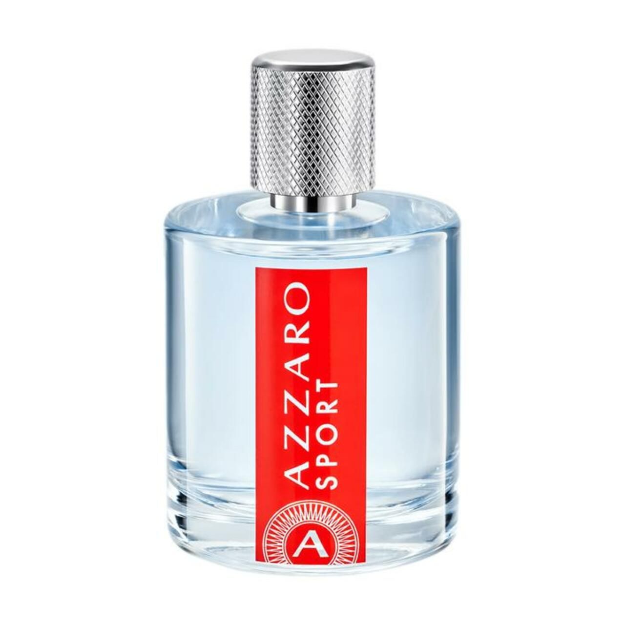 Glasflakon mit silbernem Verschluss. Roter Aufkleber mit Aufschrift: AZZARO SPORT. Logo.
