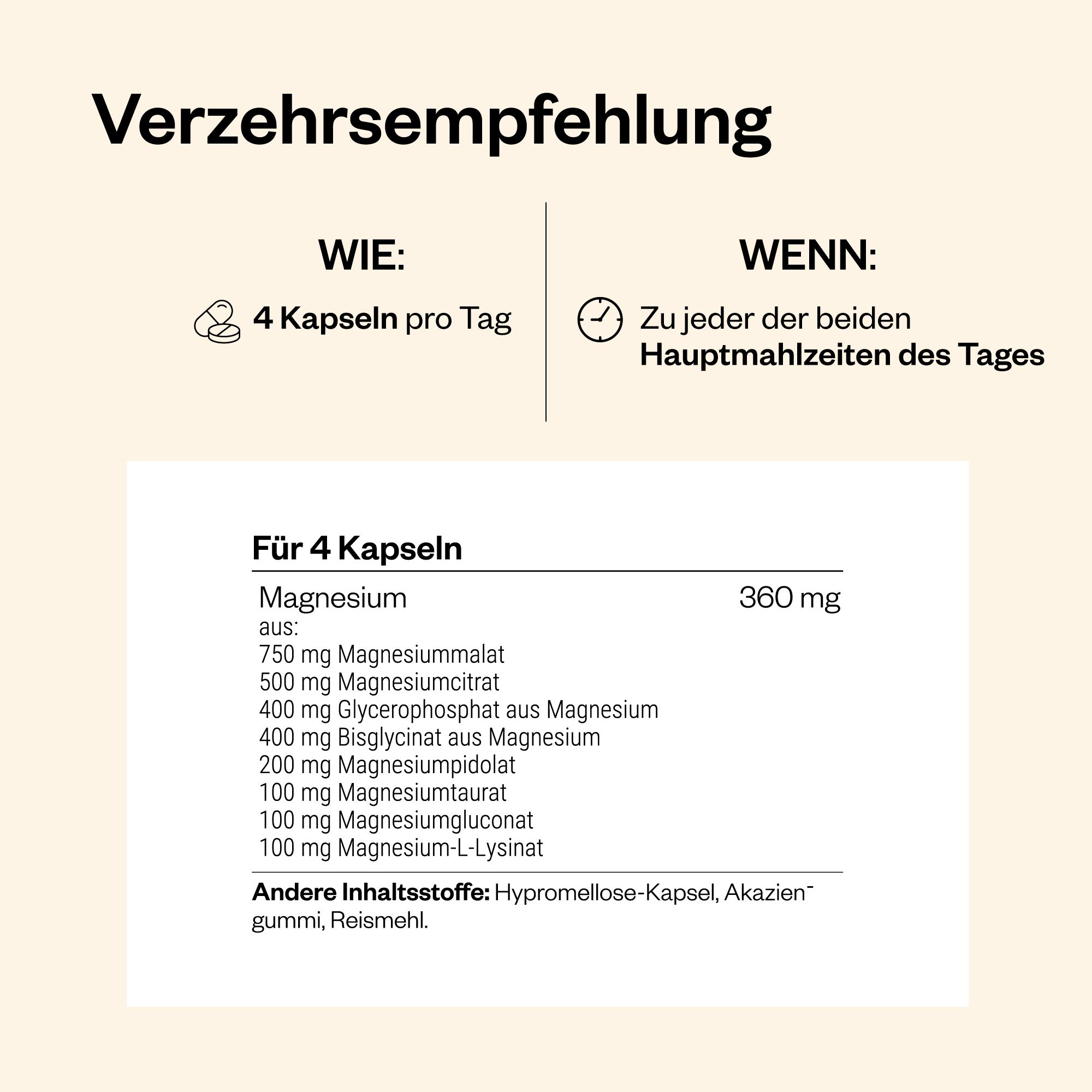 Text mit Verzehrempfehlung: 4 Kapseln pro Tag zu den Hauptmahlzeiten. Magnesium-Zusammensetzung.