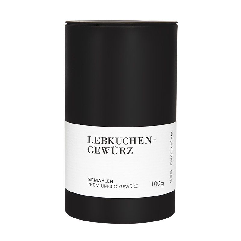 Schwarze Dose mit weißem Etikett. Aufschrift: Lebkuchengewürz, gemahlen, 100g.