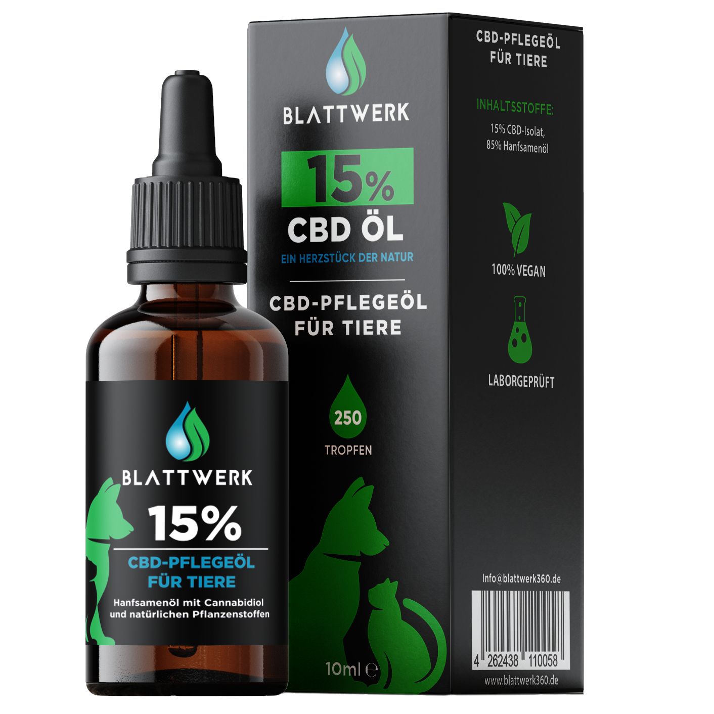 15% CBD Öl für Hunde & Katzen - Deutsche Qualität - CBD Öl Hund - 10ml - 250 CBD Tropfen - BLATTWERK