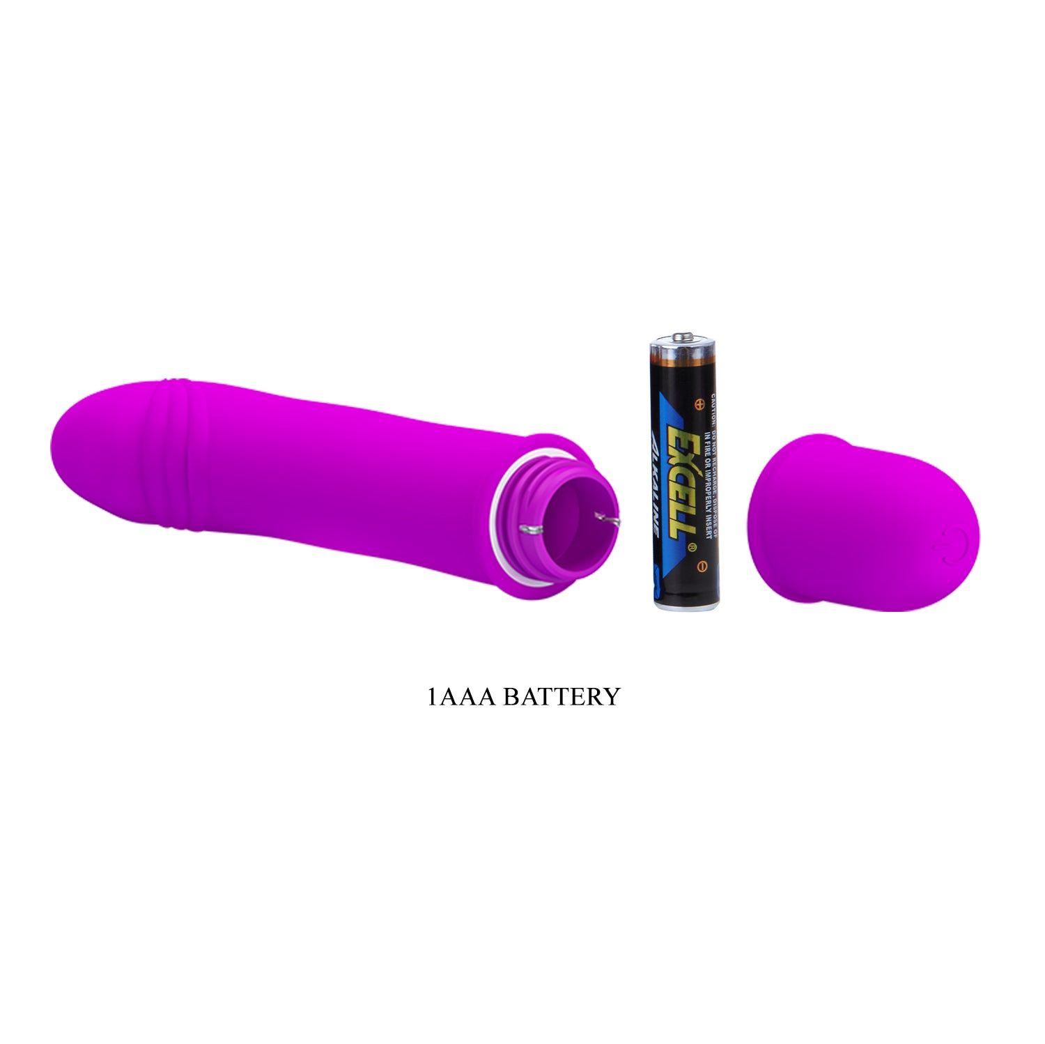 Lila Vibrator mit Batteriefach. Eine AAA-Batterie neben dem geöffneten Fach.