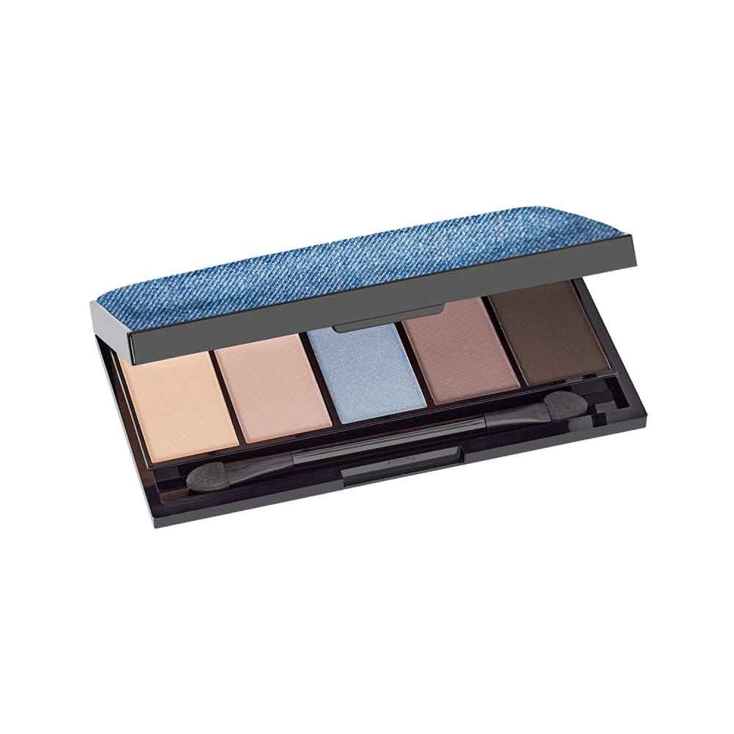 Lidschatten-Palette mit 5 Farbtönen. Deckel mit Jeansstoff-Optik. Enthält Applikator. Schwarze Kunststoffverpackung.