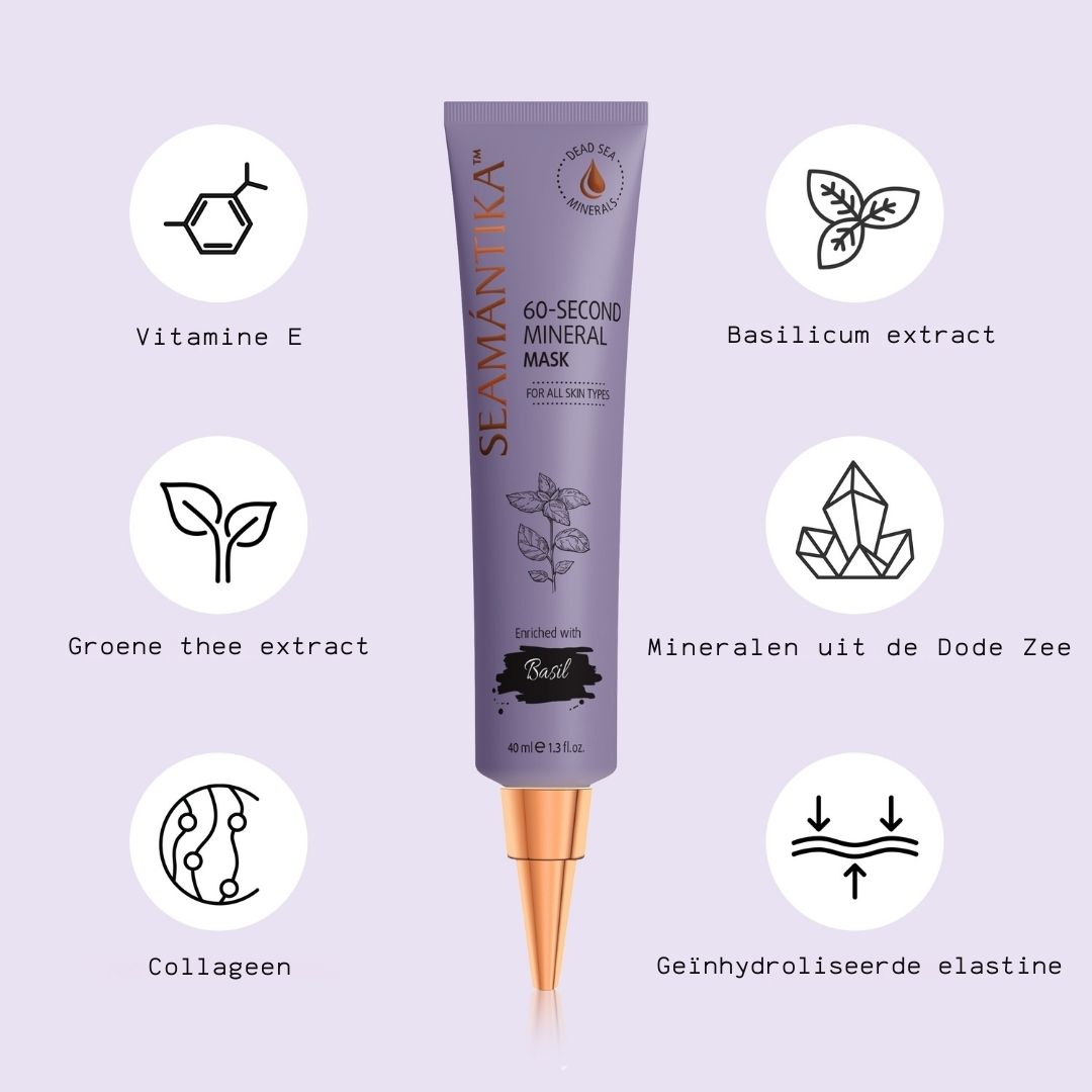 Paarse tube met mineralenmasker. Tekst: SEAMANTIKA, 60-Second Mineral Mask, Basilicum. Ingrediënten.