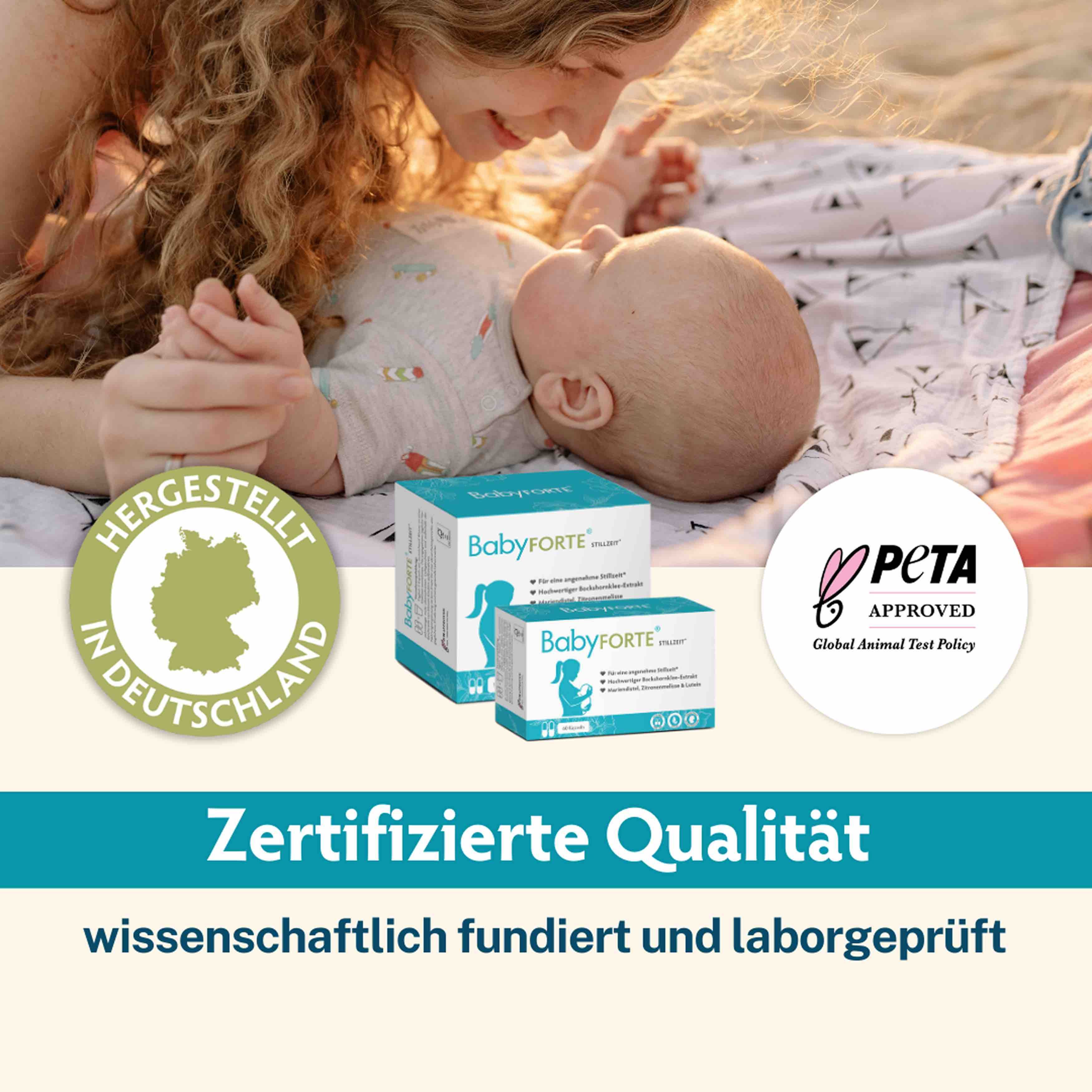Zwei BabyFORTE-Packungen. Text: Hergestellt in Deutschland, PETA-Logo. Zertifizierte Qualität, wissenschaftlich fundiert und laborgeprüft.