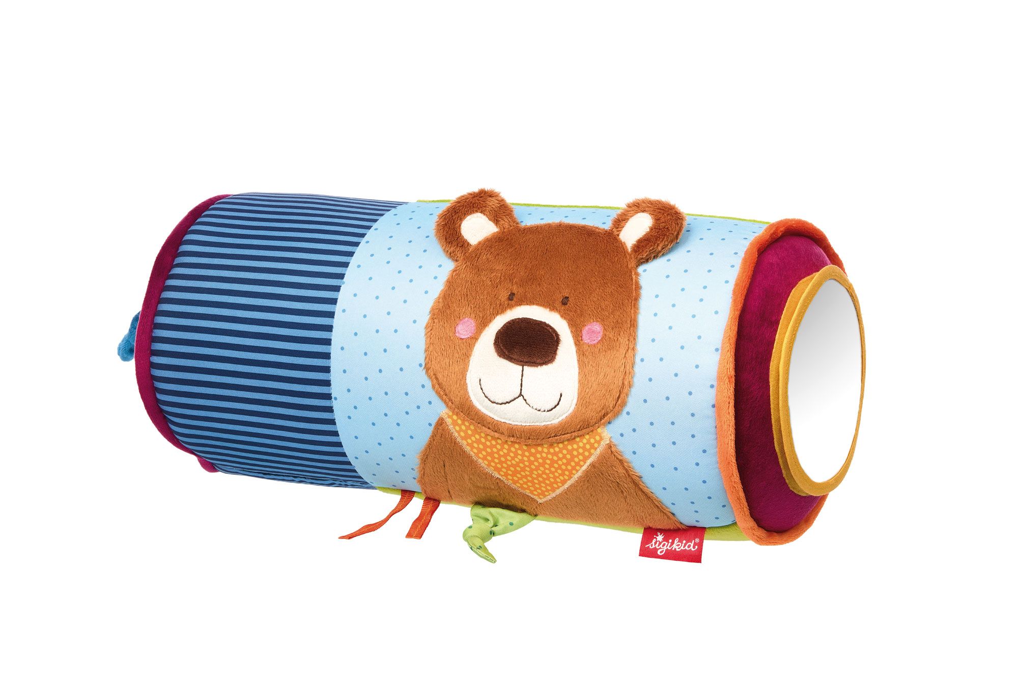 Krabbelrolle Bär, blau-braun. Zylinderförmiges Spielzeug mit Bärenmotiv, Spiegel und bunten Details. Mit Label.