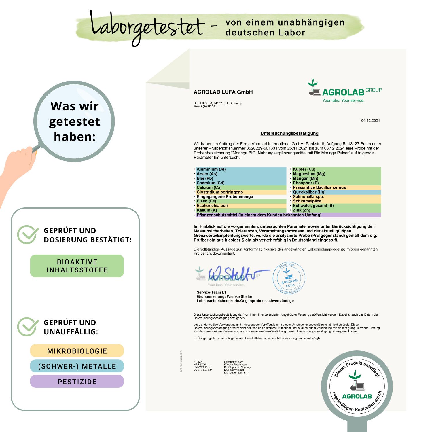 Laborbericht von Agrolab LUFA GmbH. Bestätigung der Inhaltsstoffe. Geprüft auf Bioaktive Inhaltsstoffe, Mikrobiologie, Schwermetalle, Pestizide.