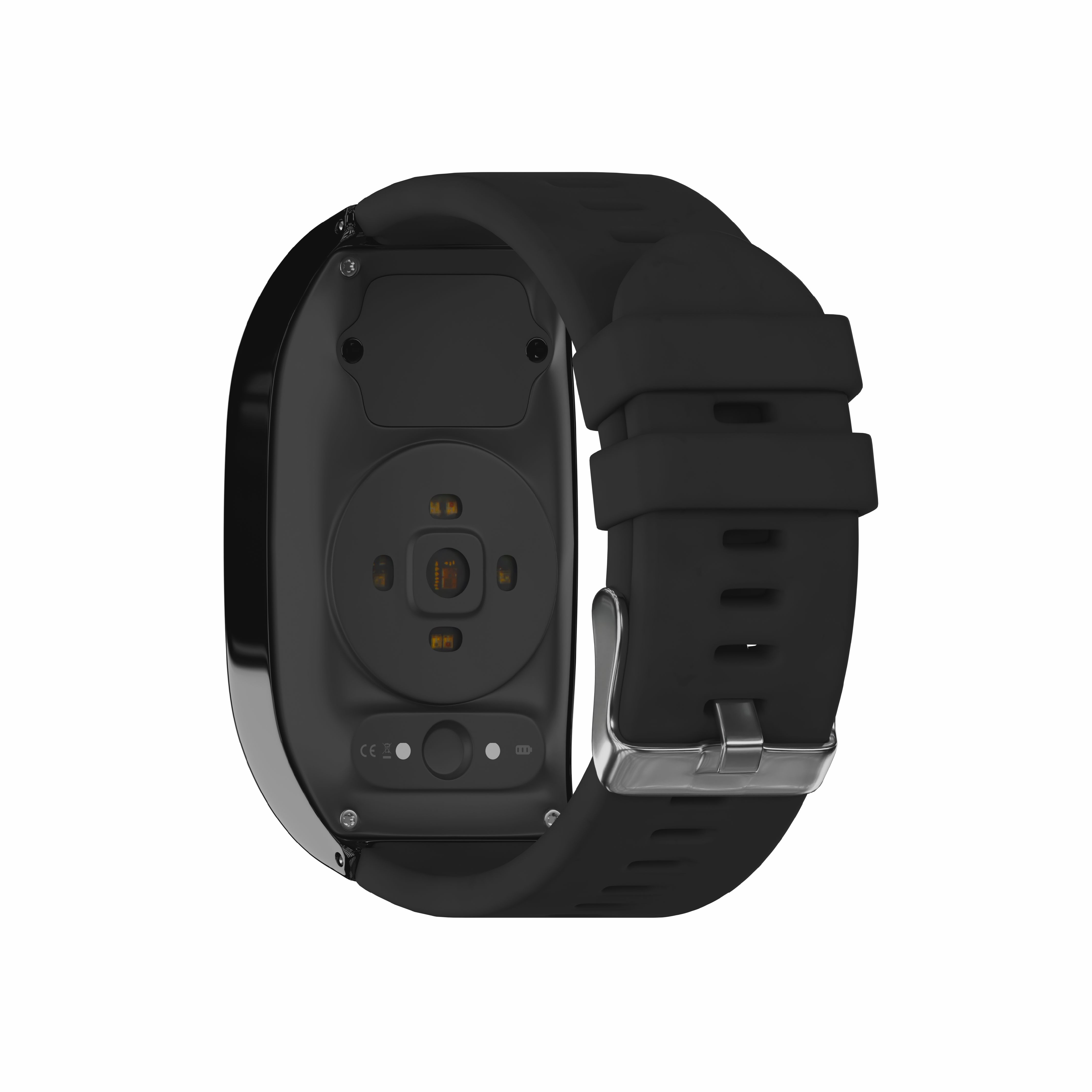Rückseite einer schwarzen Smartwatch. Sichtbar sind Sensoren, Ladekontakte und ein Armbandanschluss.