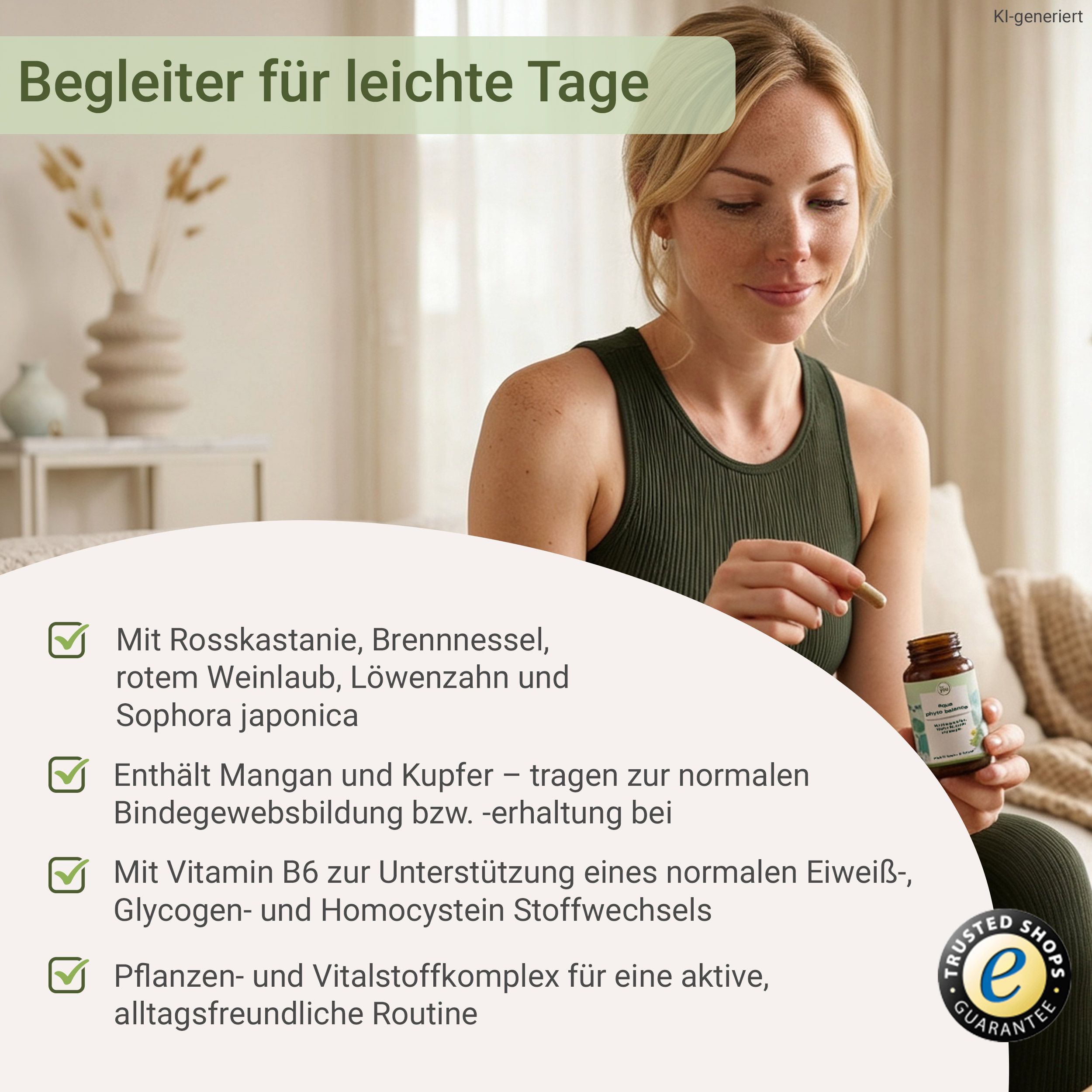 Frau hält Kapsel und Fläschchen mit Nahrungsergänzungsmitteln. Liste von Inhaltsstoffen und Vorteilen.