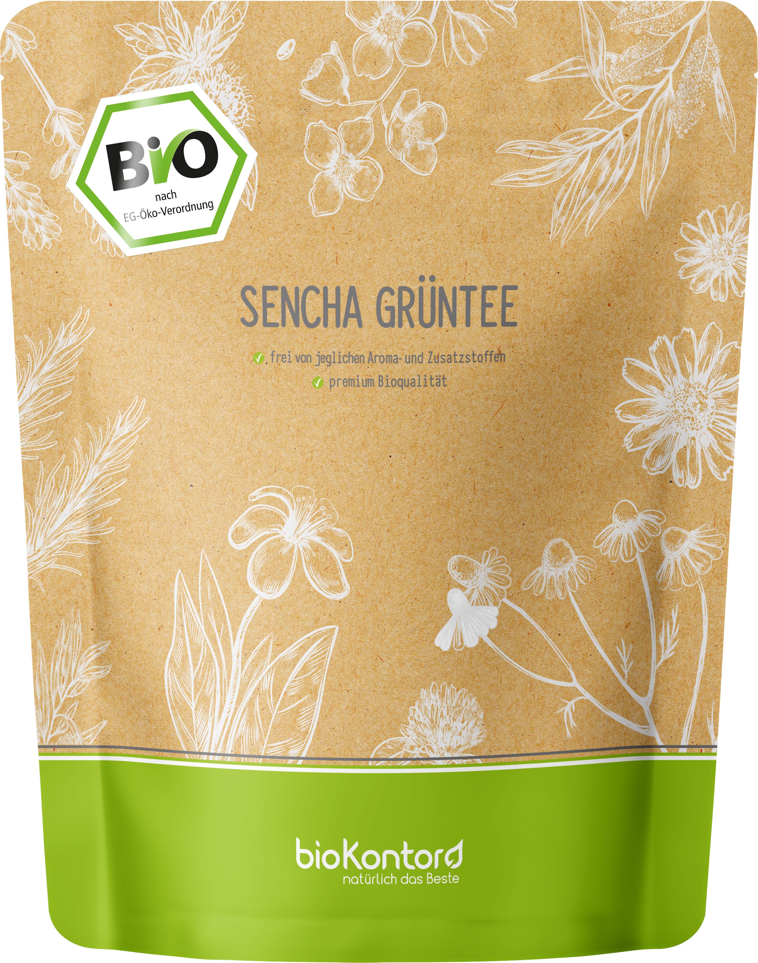 Sencha Grüntee-Packung, braun mit grünem Streifen. Text: Sencha Grüntee, Bio-Logo, BioKontor Logo, floralem Muster.