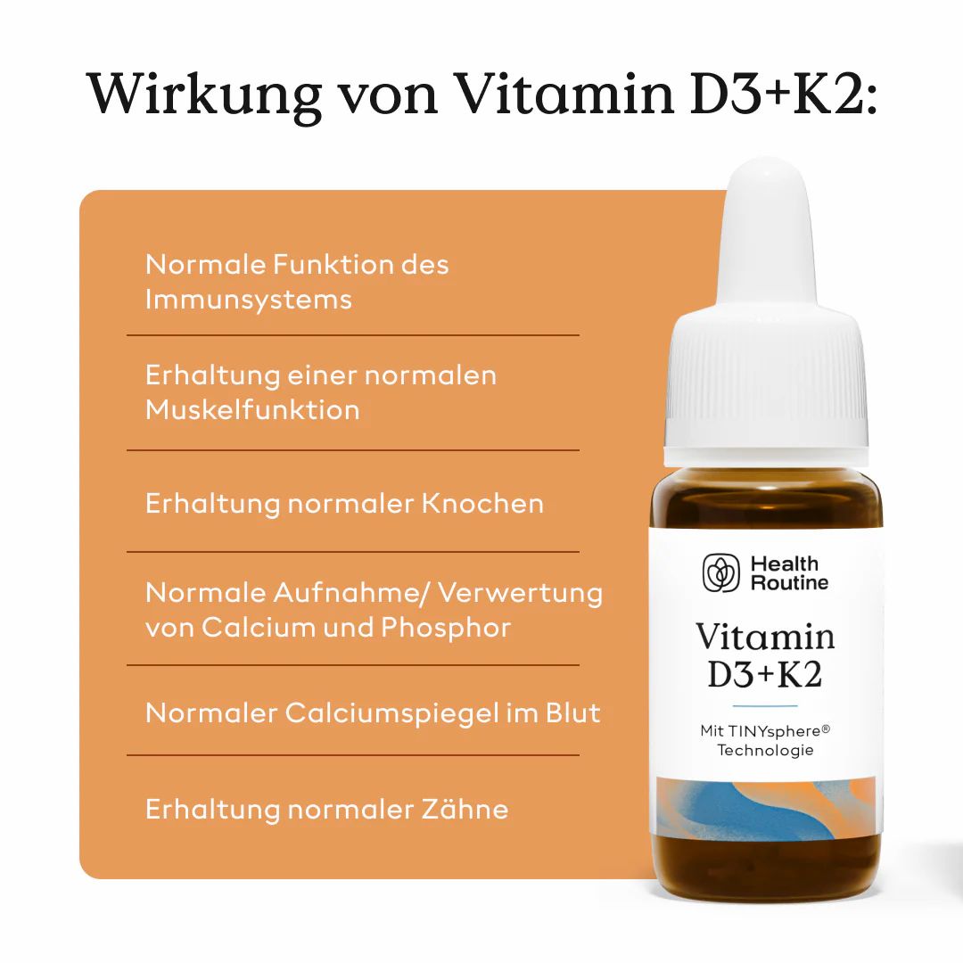 Braune Glasflasche mit weißem Verschluss und Etikett. Daneben eine orangefarbene Tafel mit Text über die Wirkung von Vitamin D3+K2.