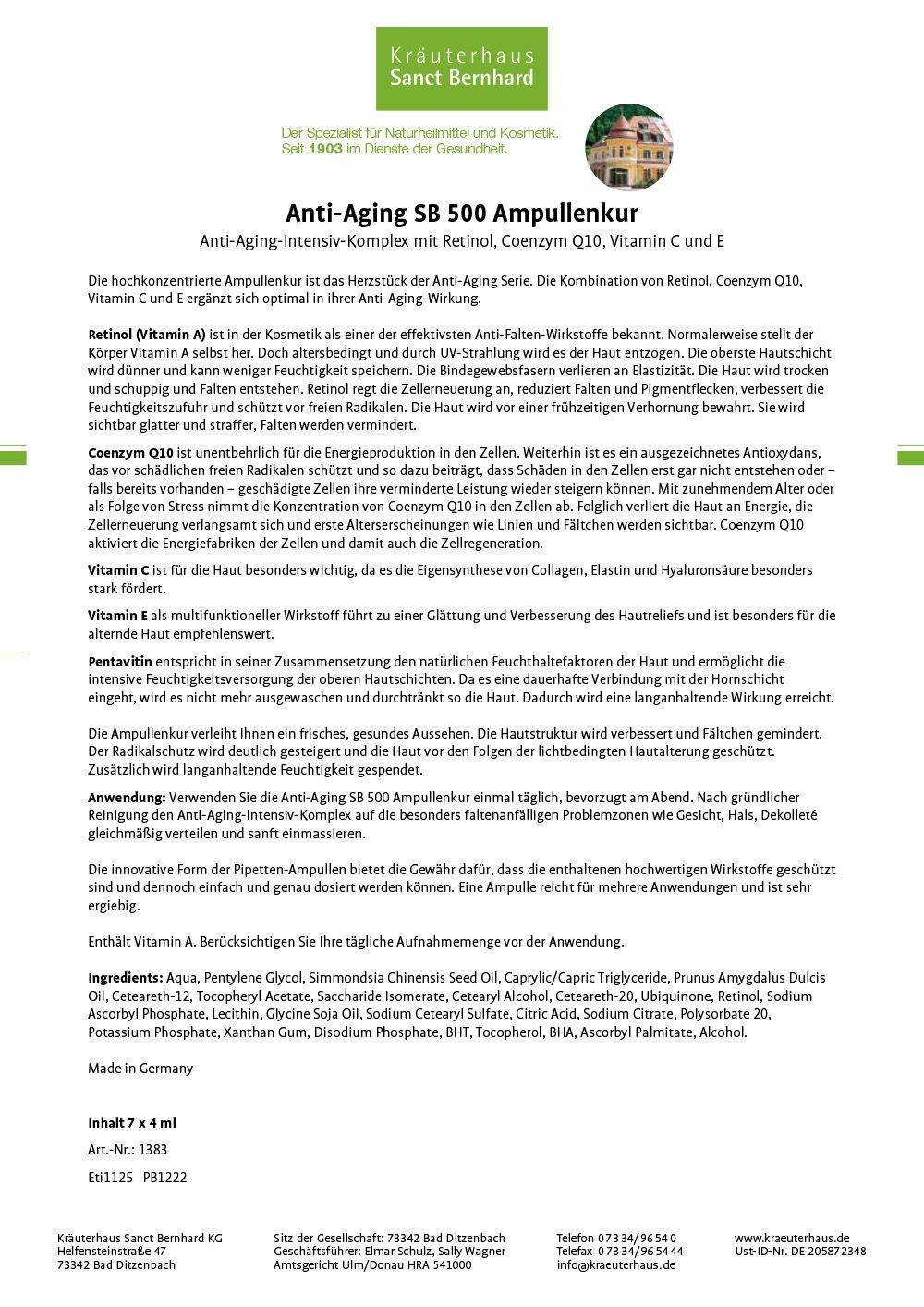 Produktbeschreibung: Text und Inhaltsstoffe der Anti-Aging SB 500 Ampullenkur. Marke: Kräuterhaus Sanct Bernhard. Produktname: Anti-Aging SB 500 Ampullenkur.