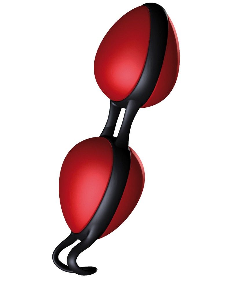 Joyballs Secret rot-schwarz, zwei kugelförmige Elemente verbunden durch schwarzes Band.
