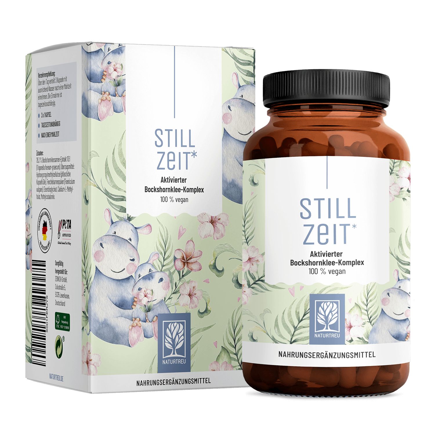 Braune Glasflasche und Karton mit "STILL ZEIT"-Aufdruck. Veganer Bockshornklee-Komplex. Logo NATURTREU®.