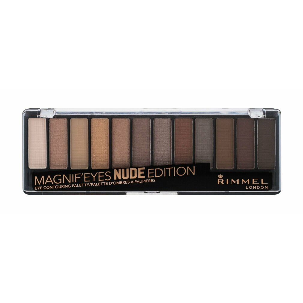 Lidschatten-Palette, Nude Edition, 12 Farbtöne. Schwarze Verpackung mit transparentem Deckel. Rimmel Logo.