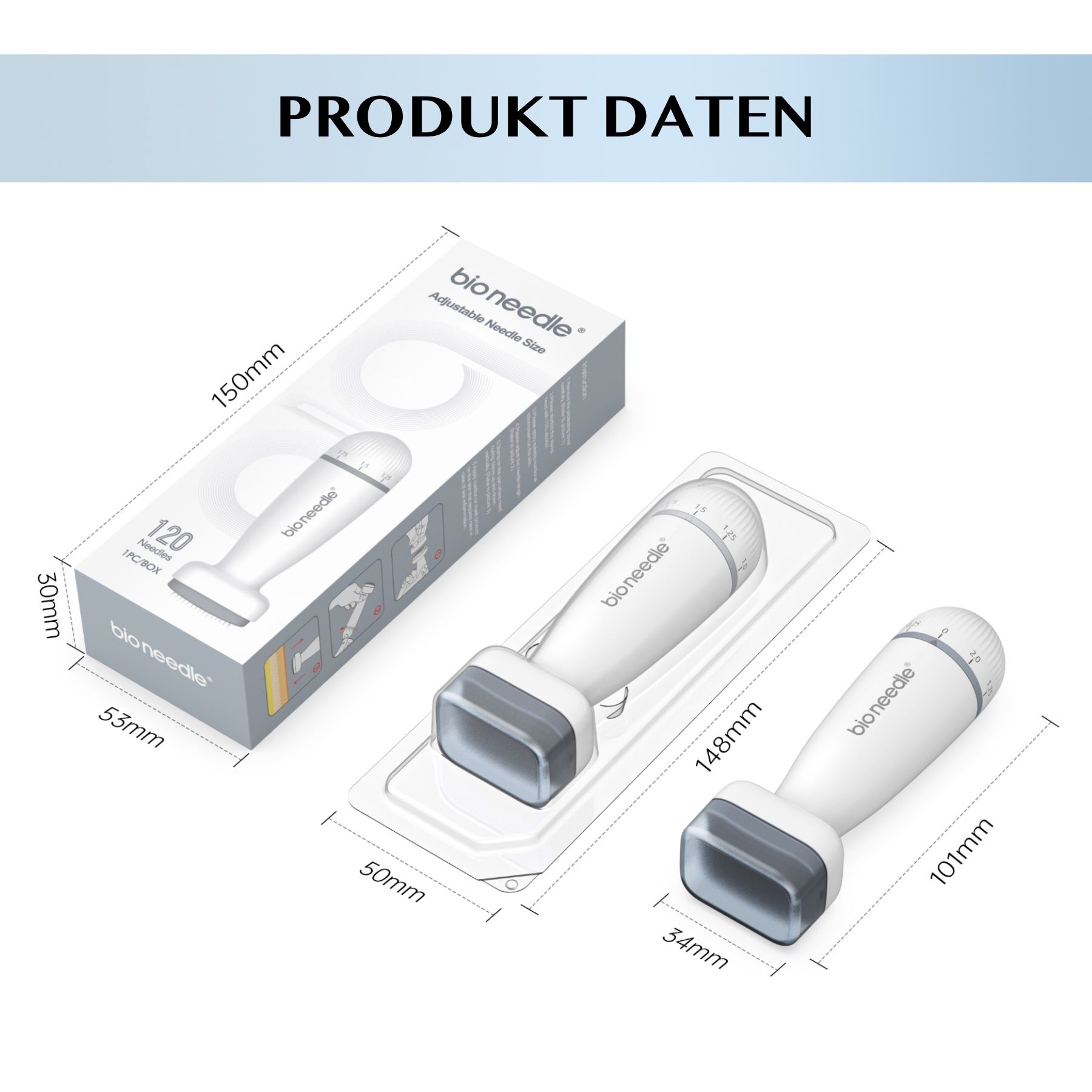 Dati del prodotto. Dermastamp con confezione. Testo: bio needle, 120 Aghi. Dimensioni.