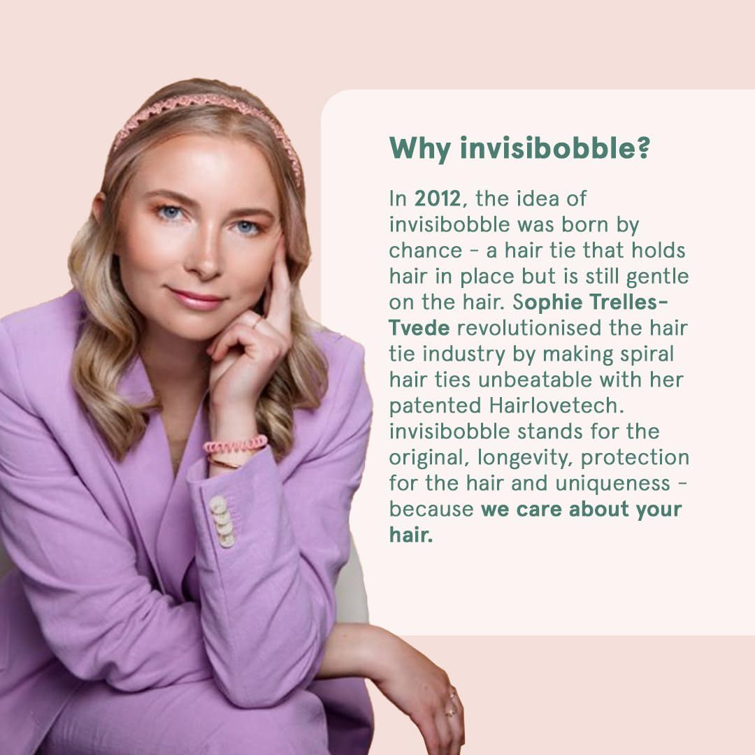 Frau mit Haargummi und Armband. Text: Warum invisibobble? Informationen über die Marke und die Gründerin Sophie Trelles-Tvede.