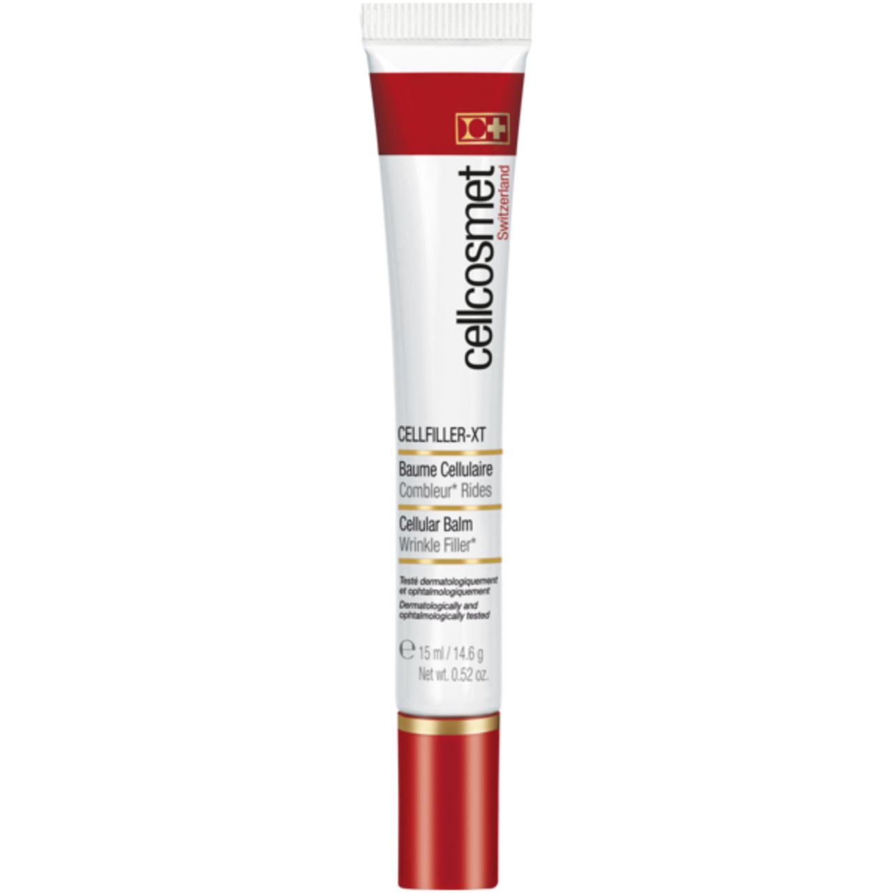 Cellcosmet Cellfiller-XT Tube. Weiß, rot und goldfarben. Produktname und Informationen.