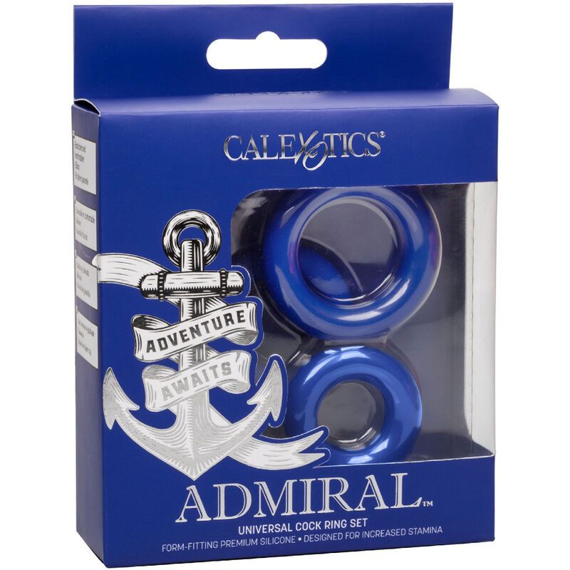 Verpackung des CalExotics Admiral Cock Ring Sets. Blaue Schachtel mit Produktabbildung.