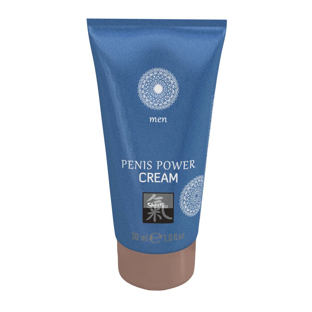 Blaue Tube. Aufschrift: PENIS POWER CREAM, Shiatsu, 30 ml. Für Männer. Mandala-Design.