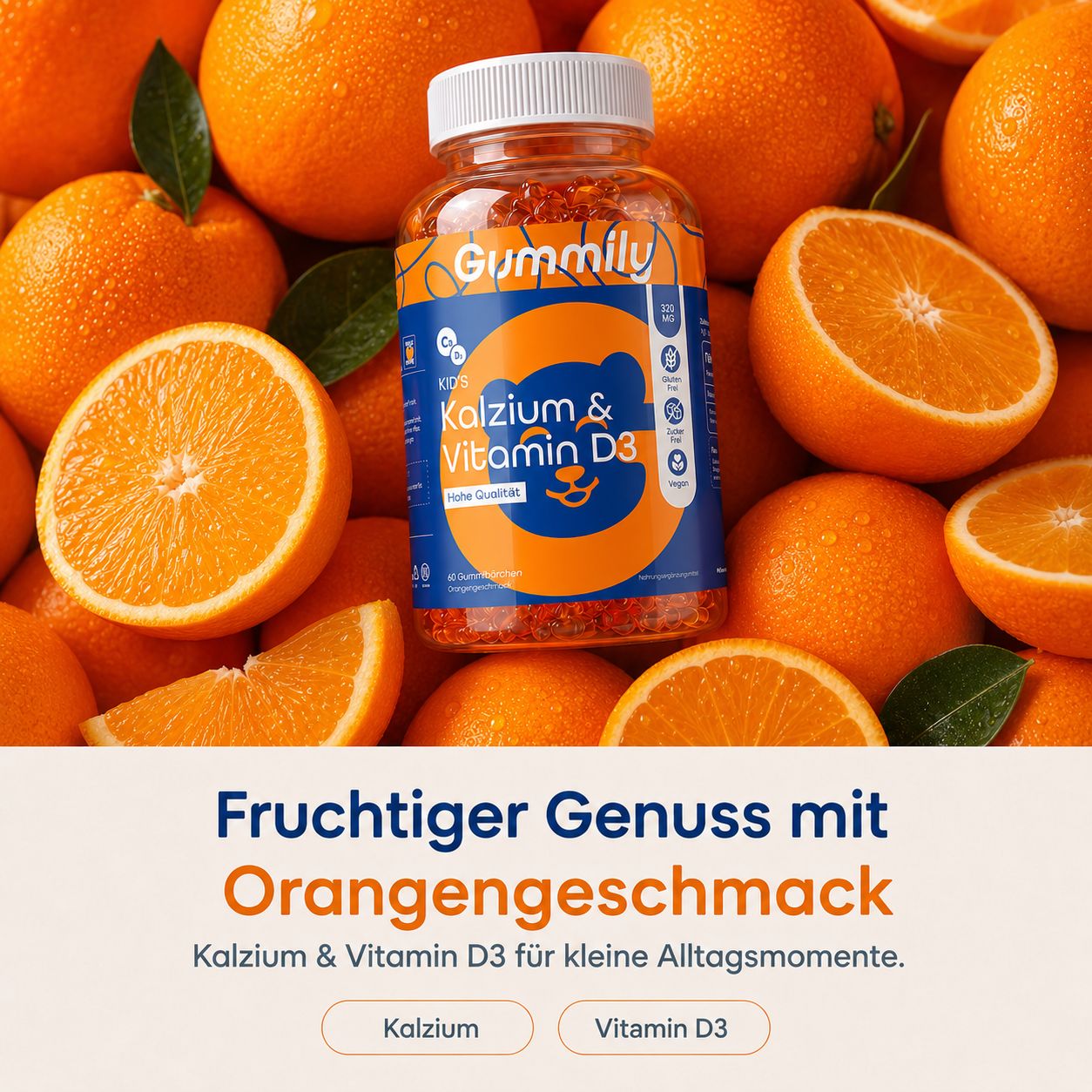 Gummily Kinder Kalzium & Vitamin D3 Flasche mit Frucht-Gummibärchen.
