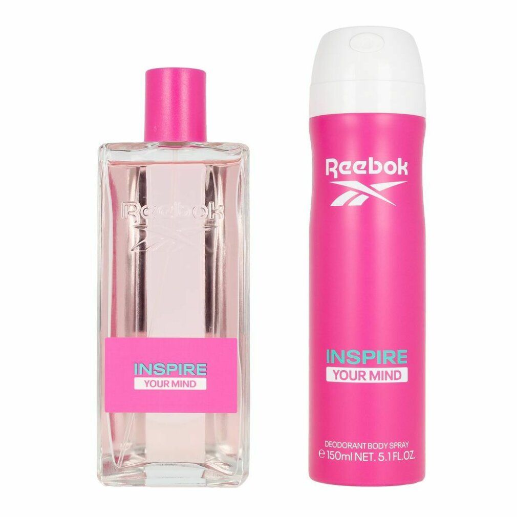Zwei Produkte: Flakon und Spraydose. Beide pinkfarben mit weißem Reebok-Logo. Aufschrift: INSPIRE YOUR MIND.