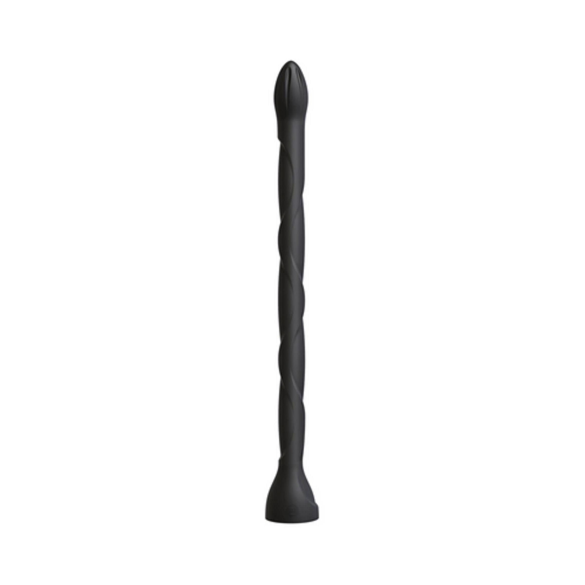 Schwarzes, geriffeltes Silikonprodukt. Zylindrische Form mit abgerundeten Enden.