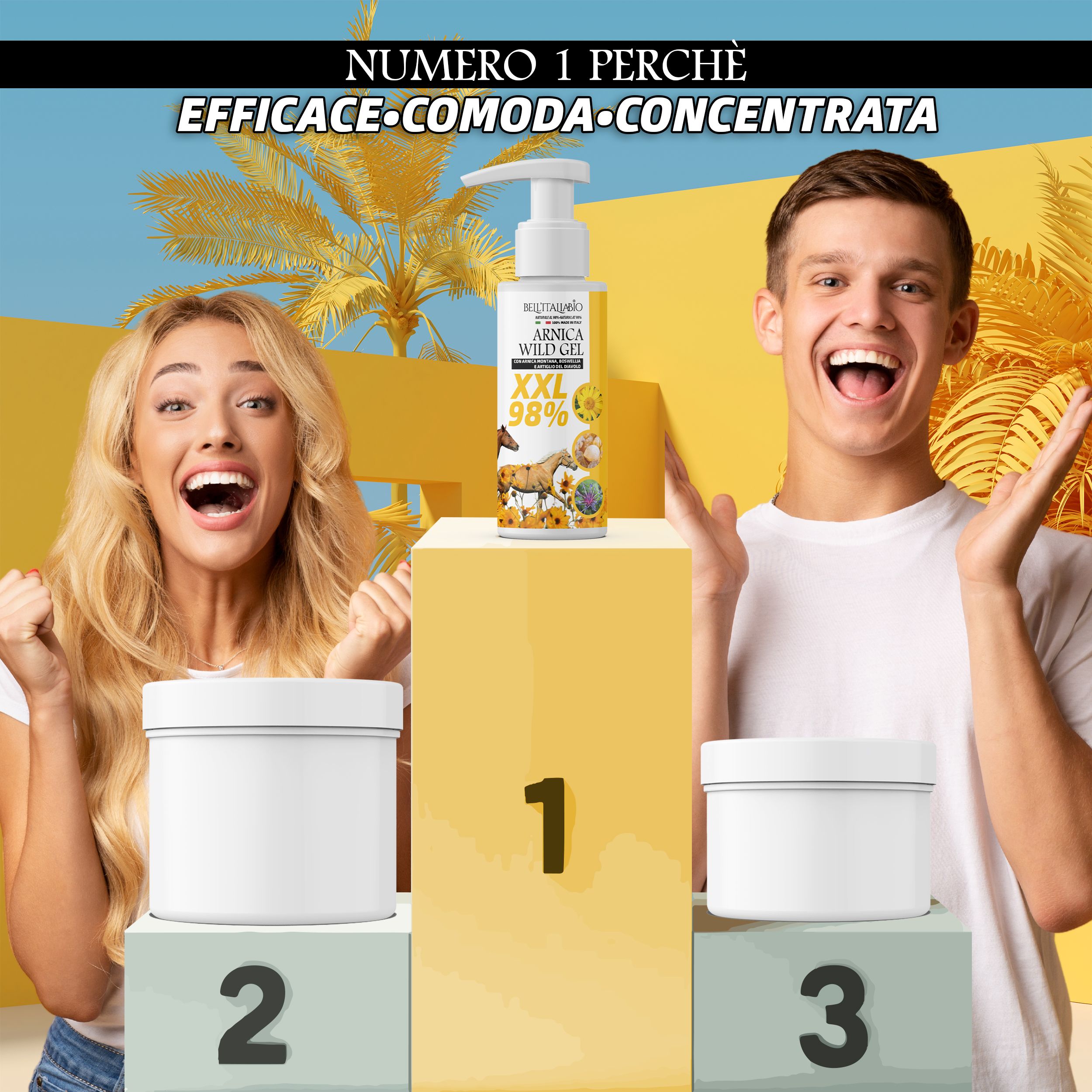 Zwei Personen jubeln vor Podest mit Produkt. Auf Podest: Gel-Flasche mit Pumpe. Text: Numero 1 perché efficace-comoda-concentrata.