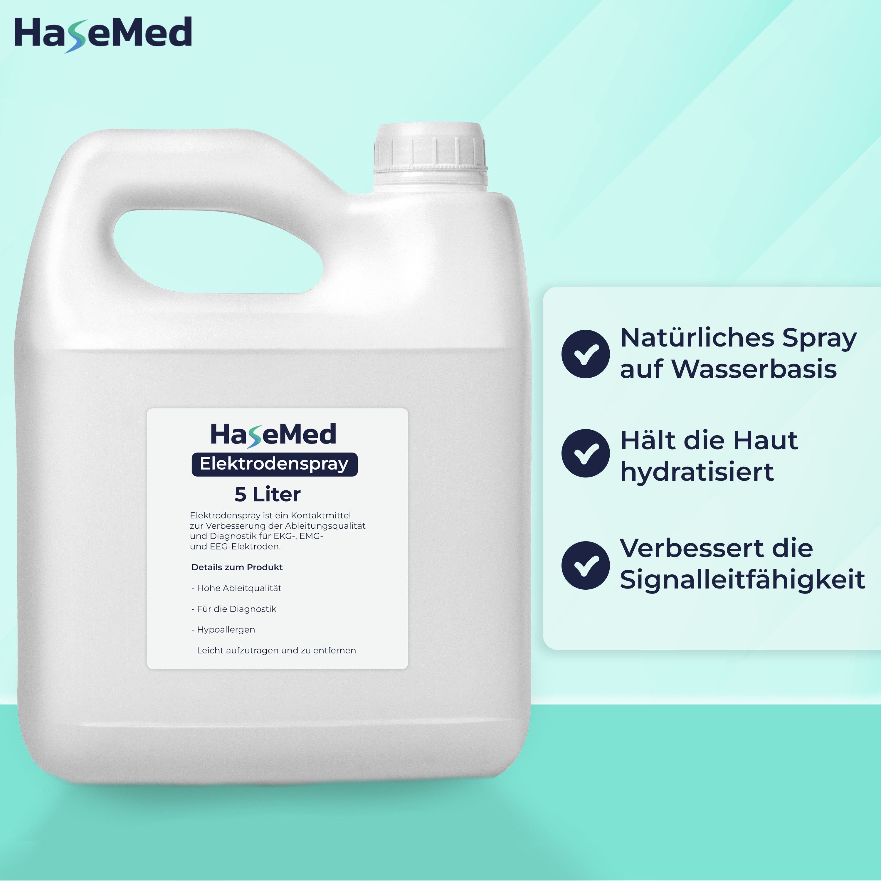 Weißer Kanister HaseMed Elektrodenspray, 5 Liter. Etikett mit Produktinformationen. Symbole: Natürliches Spray, hält die Haut hydratisiert, verbessert die Signalleitfähigkeit.