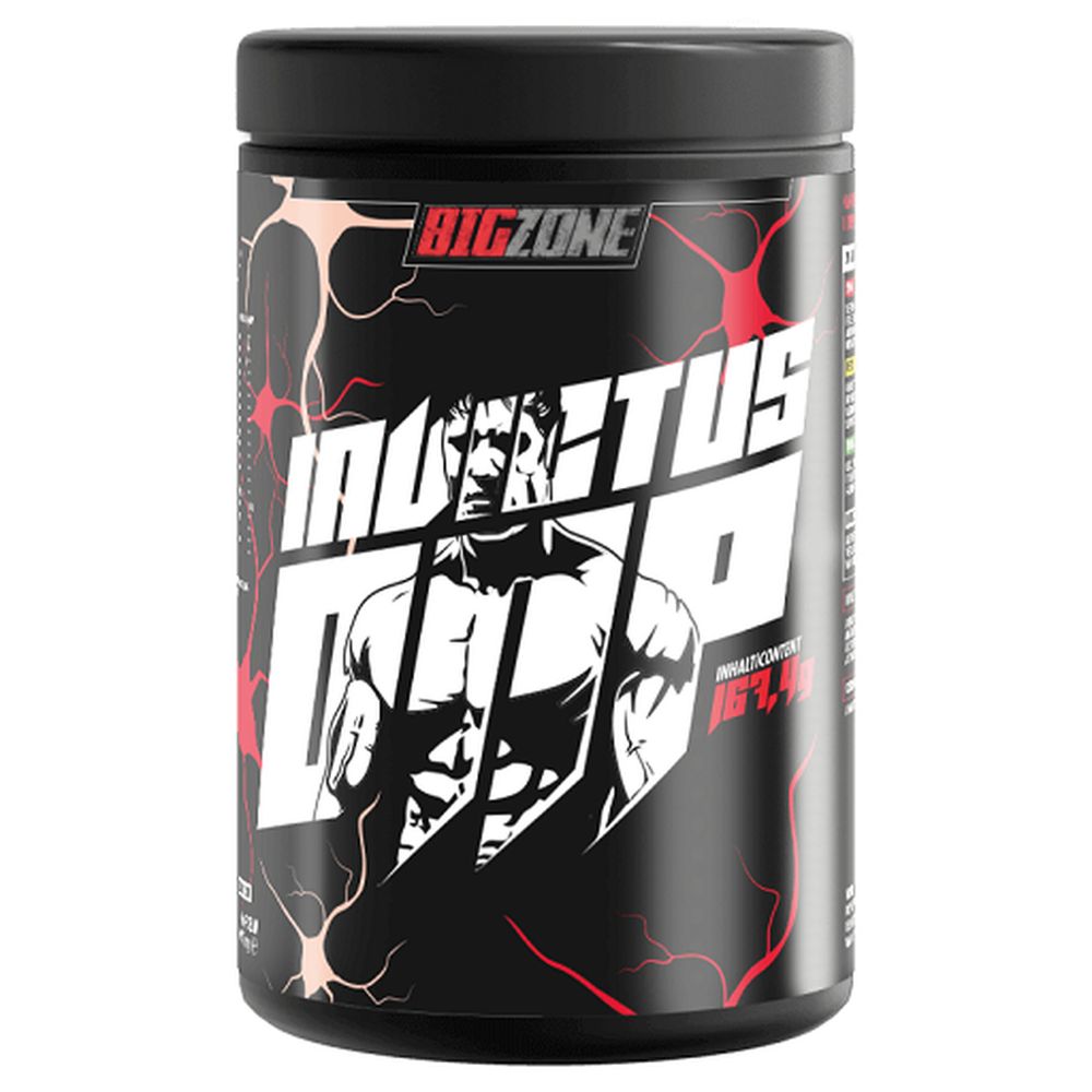 Schwarze Dose mit "BIGZONE"-Logo und "Invictus DNP"-Schriftzug. Abbildung eines muskulösen Mannes. Rote und weiße Akzente.